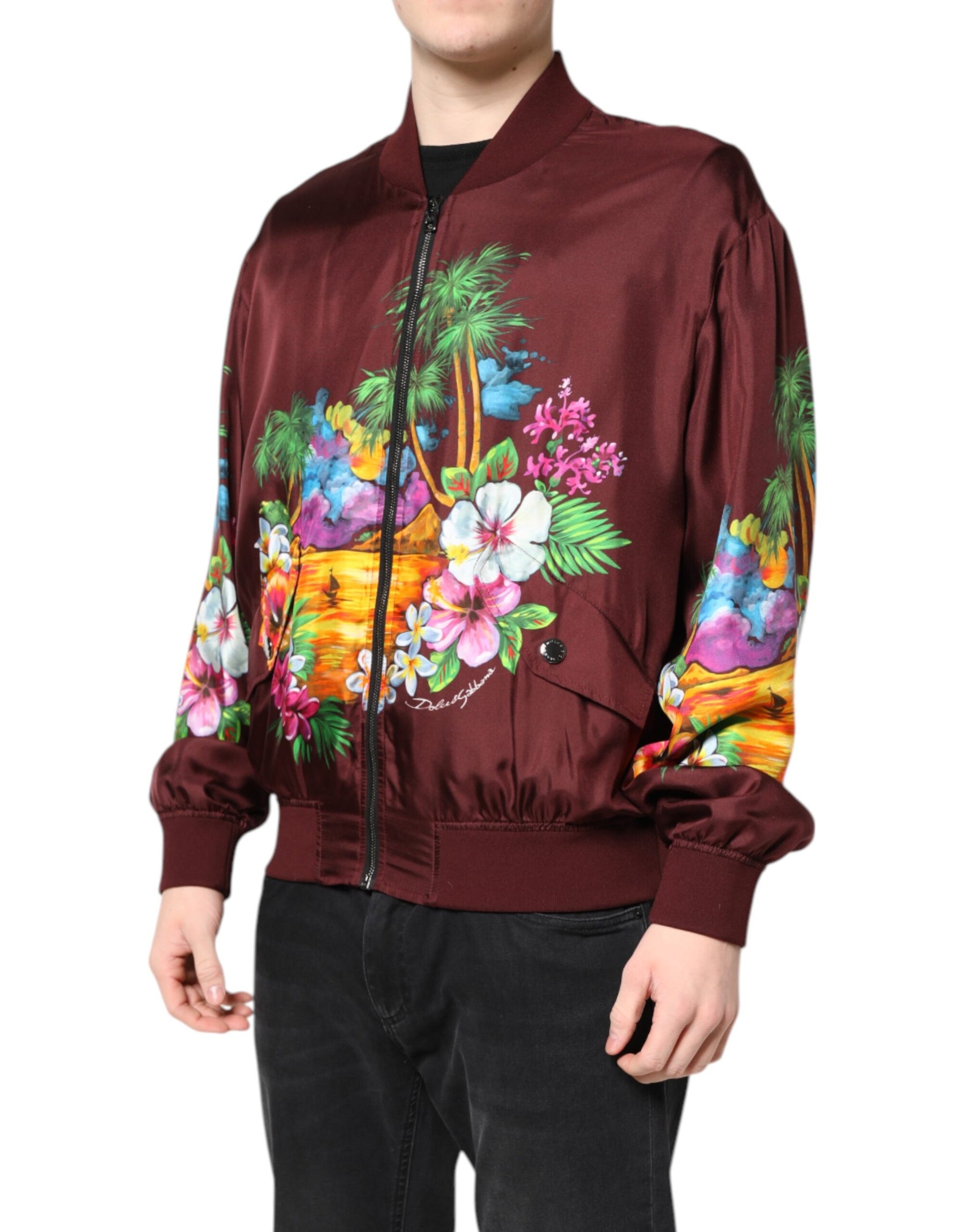 Dolce & Gabbana Maroon Floral Print Full Zip Bomber Jacket | Regal Royce