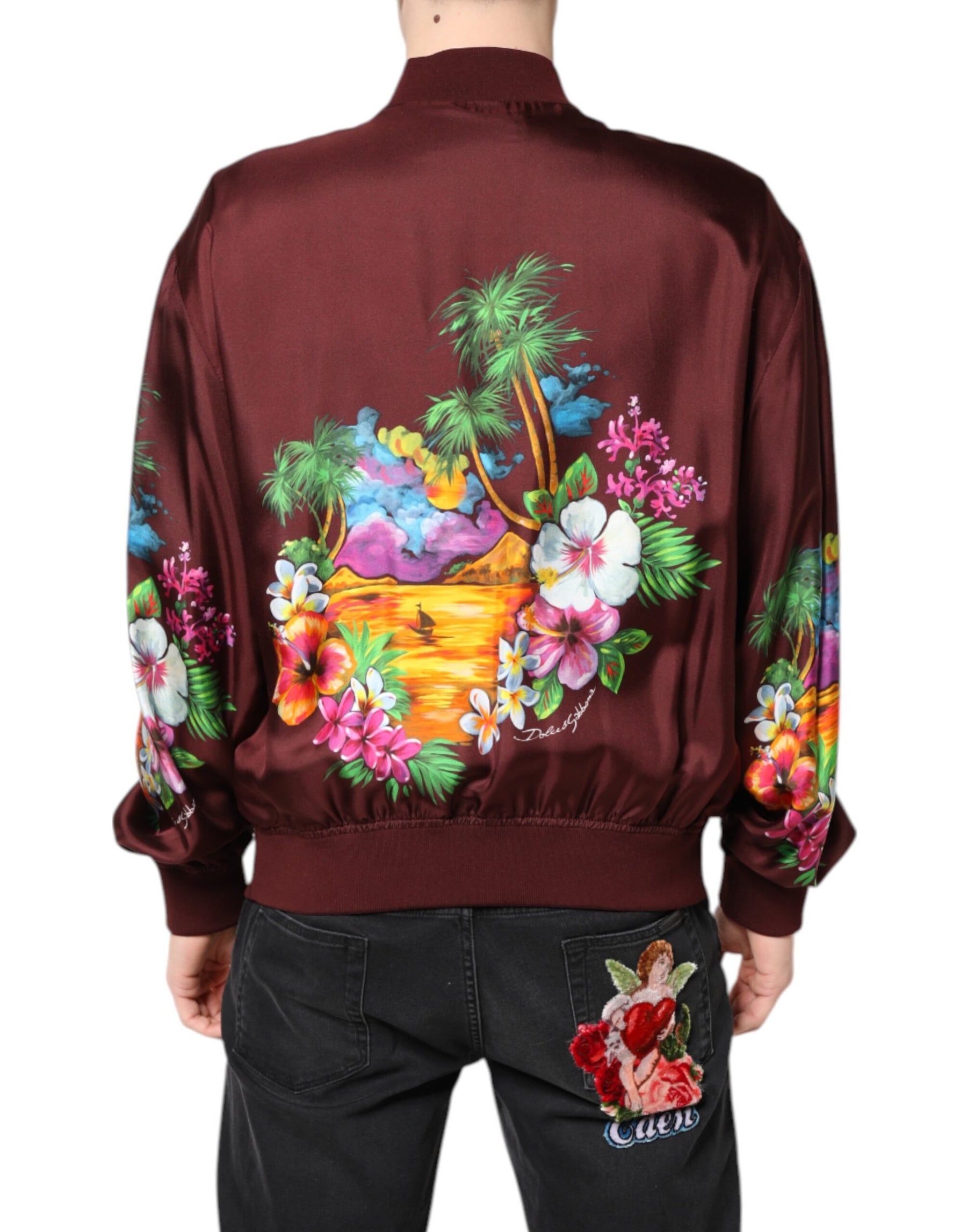 Dolce & Gabbana Maroon Floral Print Full Zip Bomber Jacket | Regal Royce