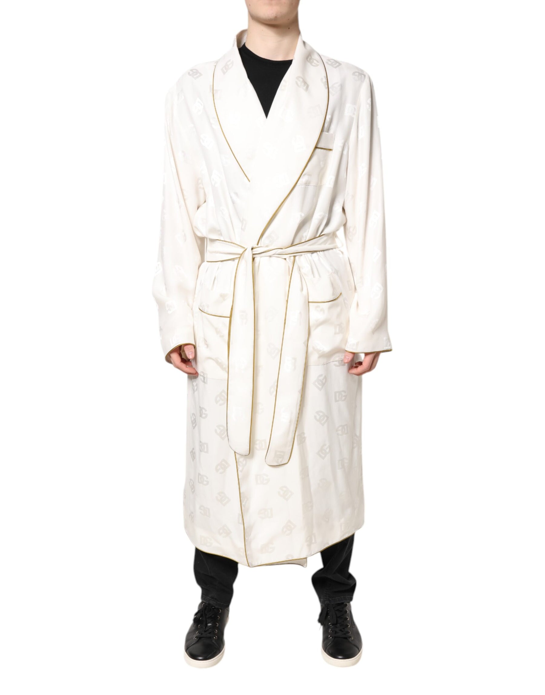 Dolce & Gabbana Ivory Silk Logo Men Wrap Robe Coat Jacket | Regal Royce