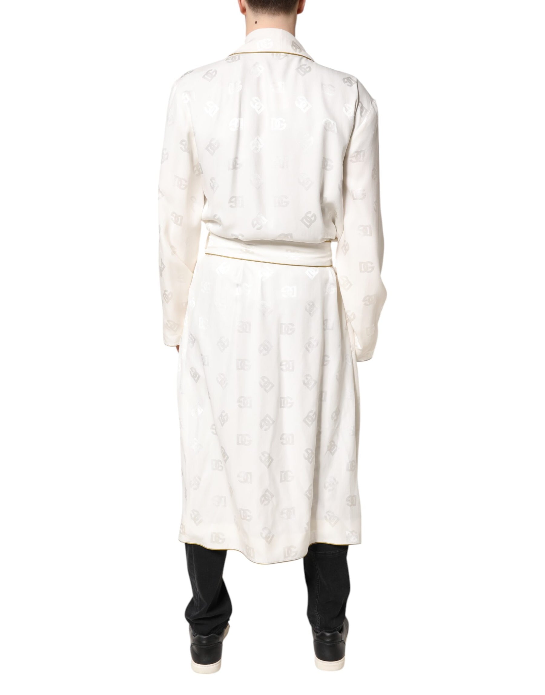 Dolce & Gabbana Ivory Silk Logo Men Wrap Robe Coat Jacket | Regal Royce