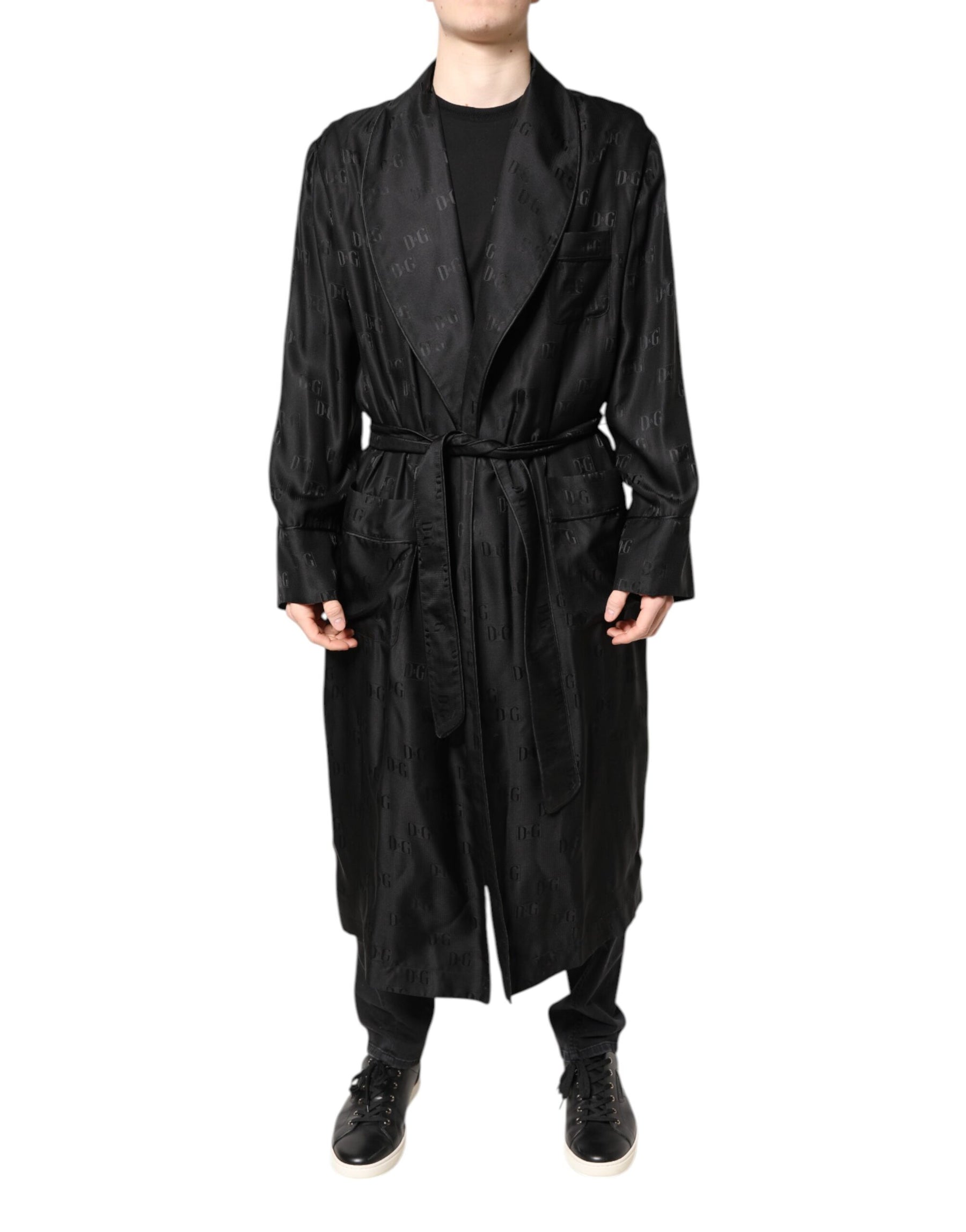 Dolce & Gabbana Black Silk DG Logo Men Wrap Robe Coat Jacket | Regal Royce