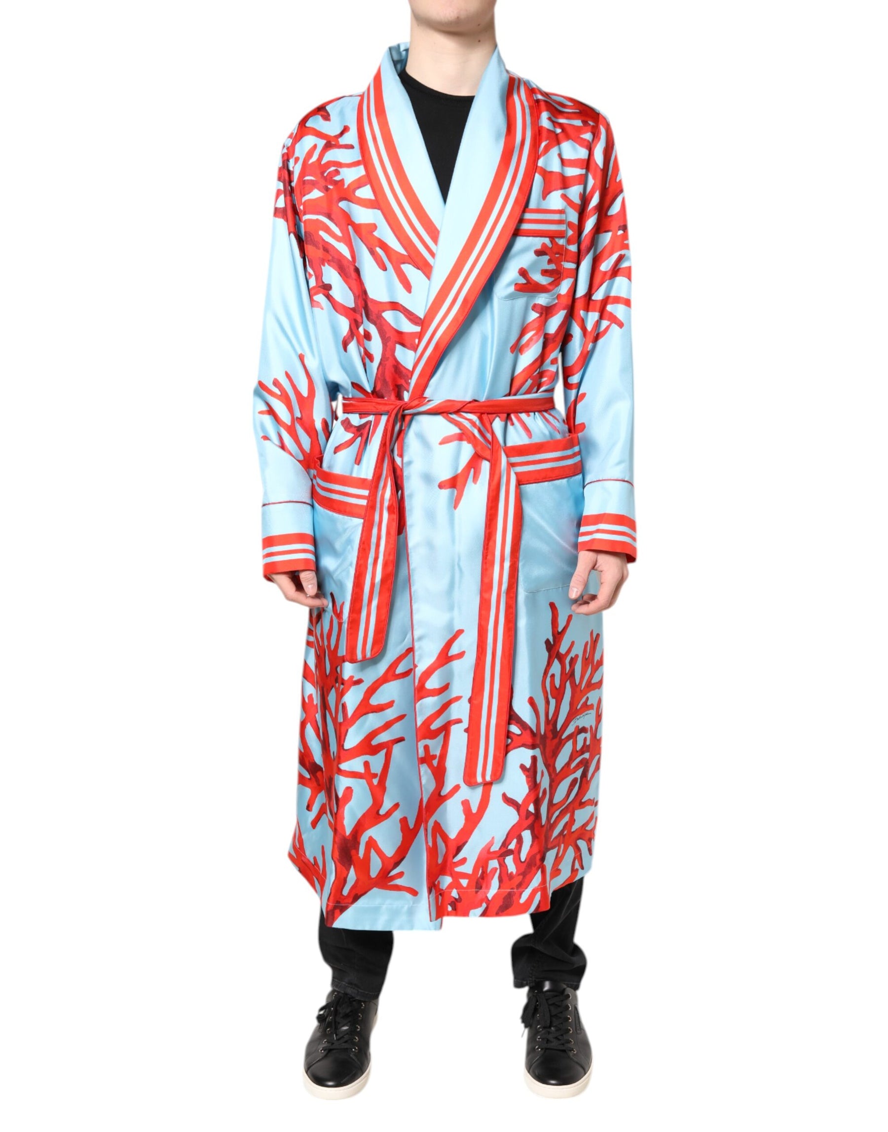 Dolce & Gabbana Blue Red Coral Print Wrap Robe Coat Jacket | Regal Royce