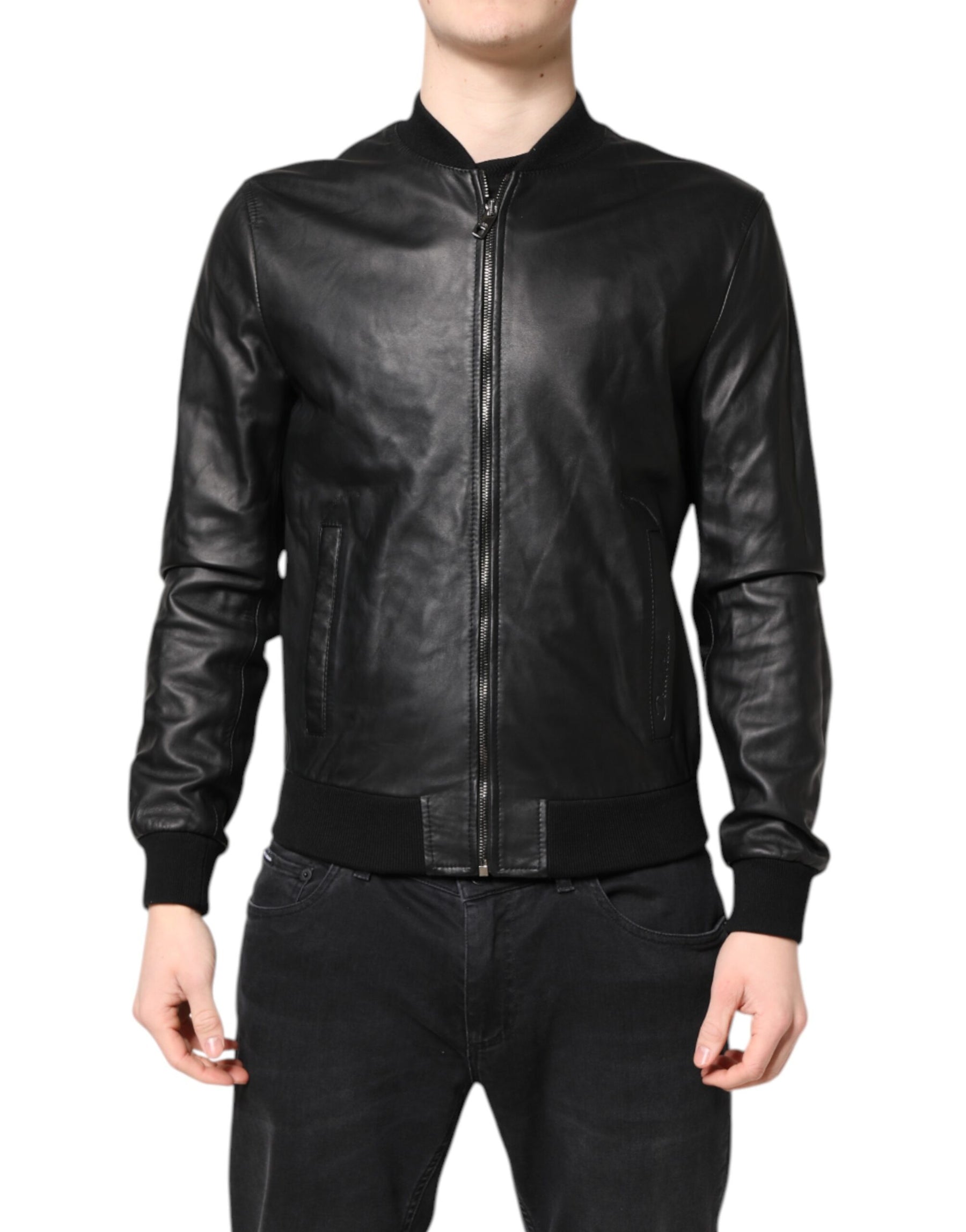 Dolce & Gabbana Black Lambskin Leather Full Zip Biker Jacket | Regal Royce