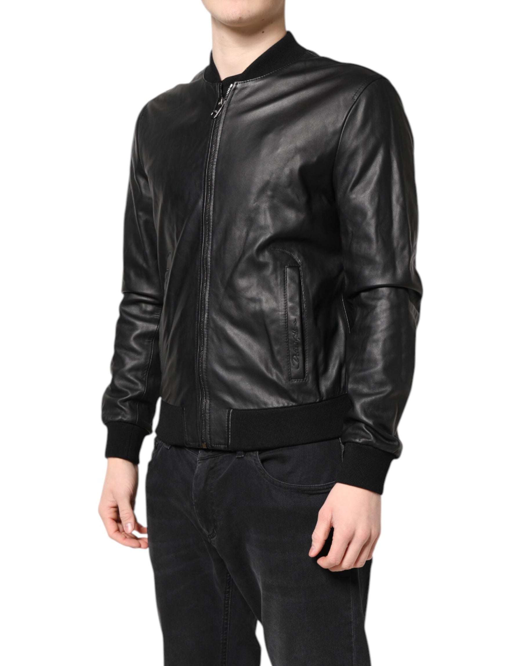 Dolce & Gabbana Black Lambskin Leather Full Zip Biker Jacket | Regal Royce
