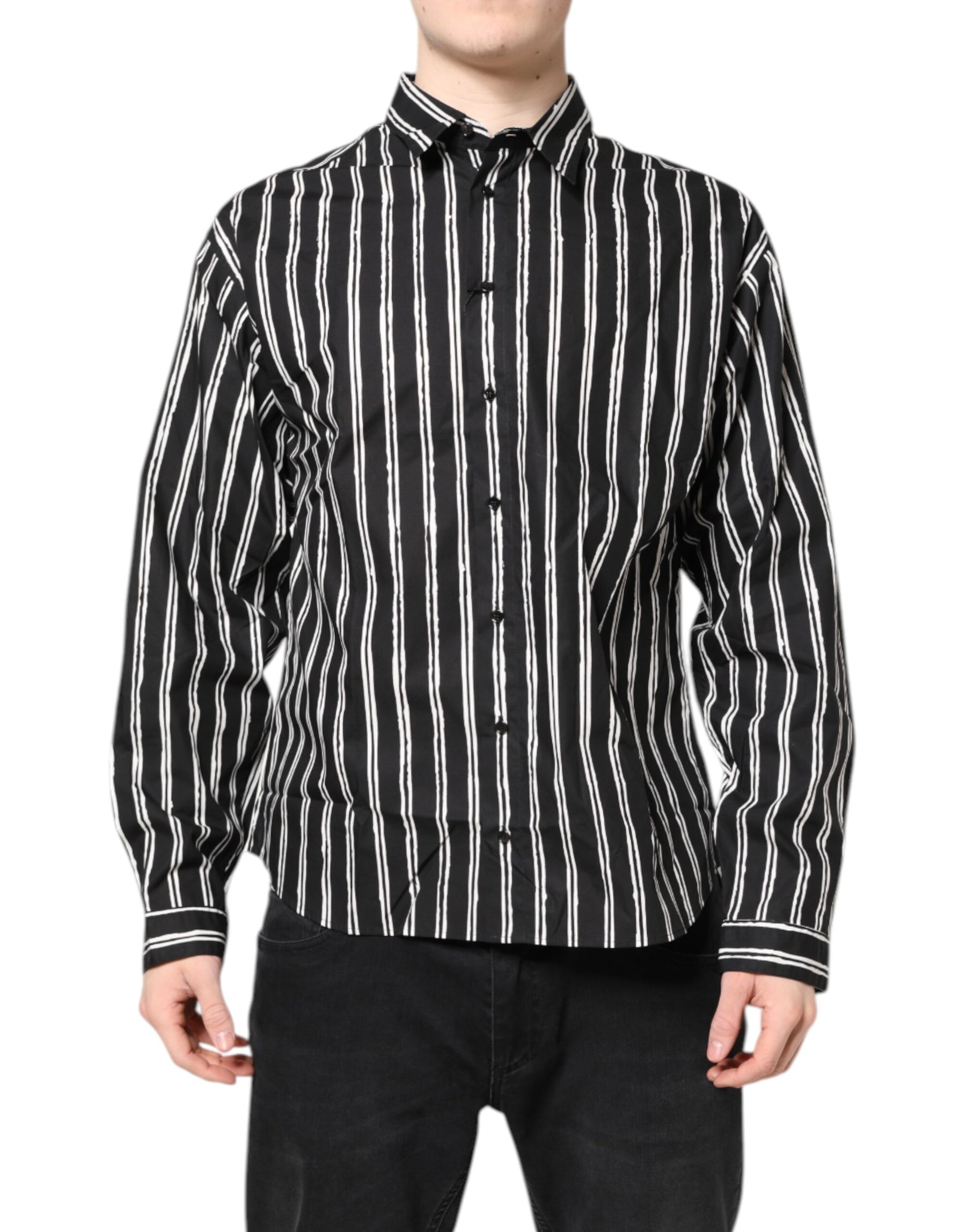 Dolce & Gabbana Black White Striped Cotton Dress Shirt | Regal Royce