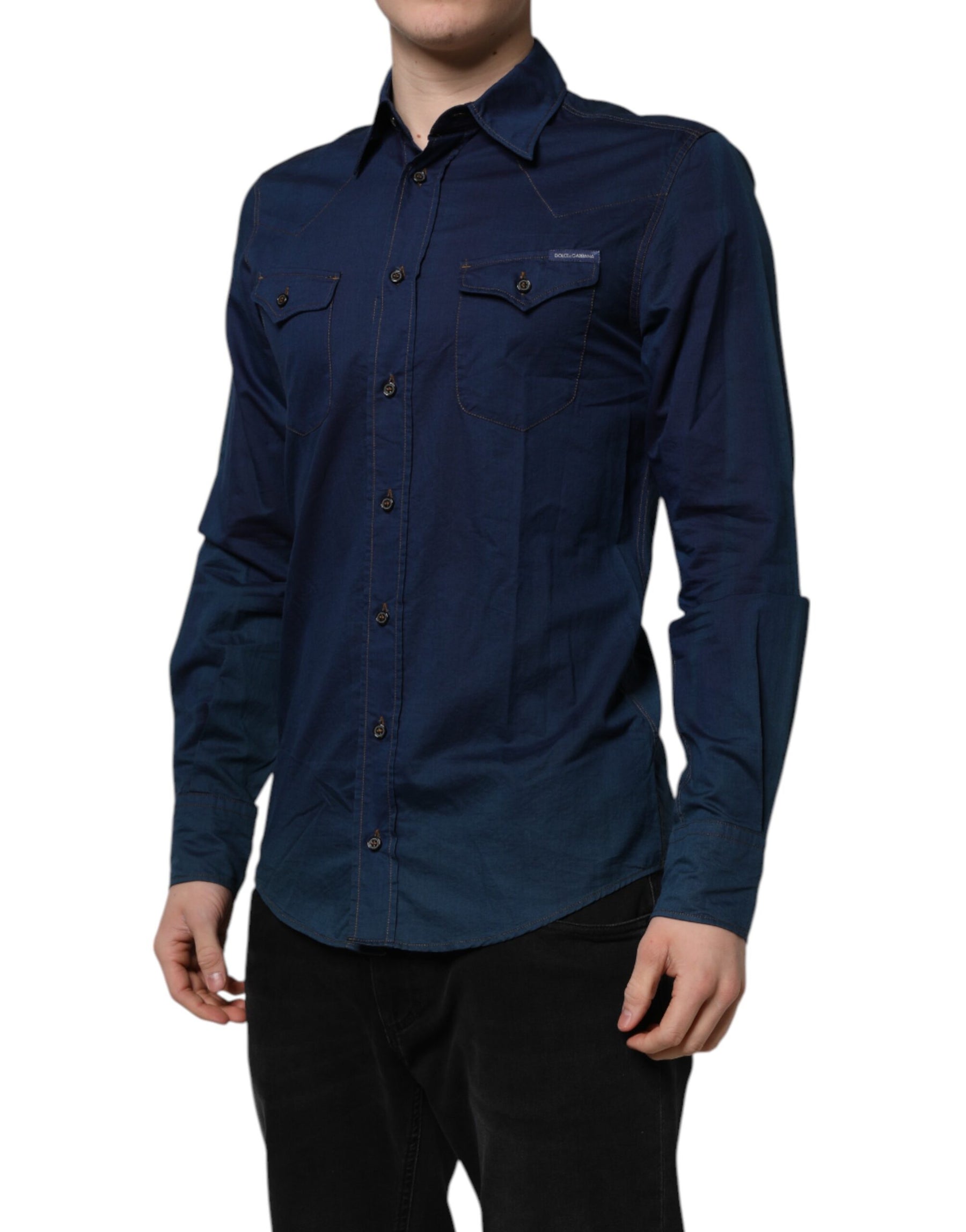 Dolce & Gabbana Blue Cotton GOLD Long Sleeves Casual Shirt | Regal Royce