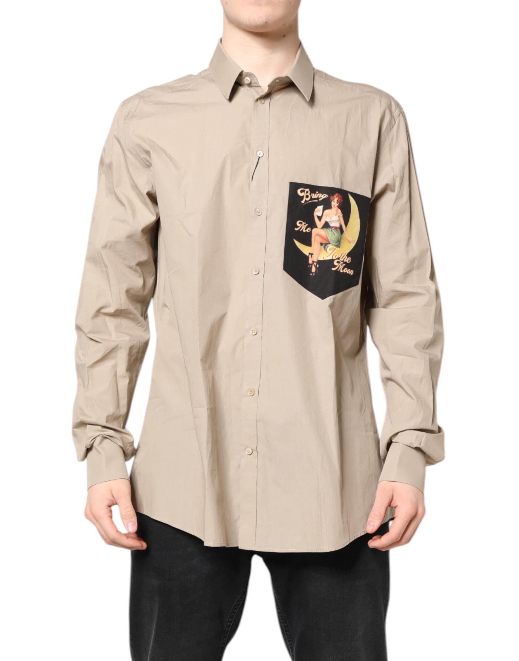 Dolce & Gabbana Beige Pin Up Print MARTINI Men Casual Shirt | Regal Royce
