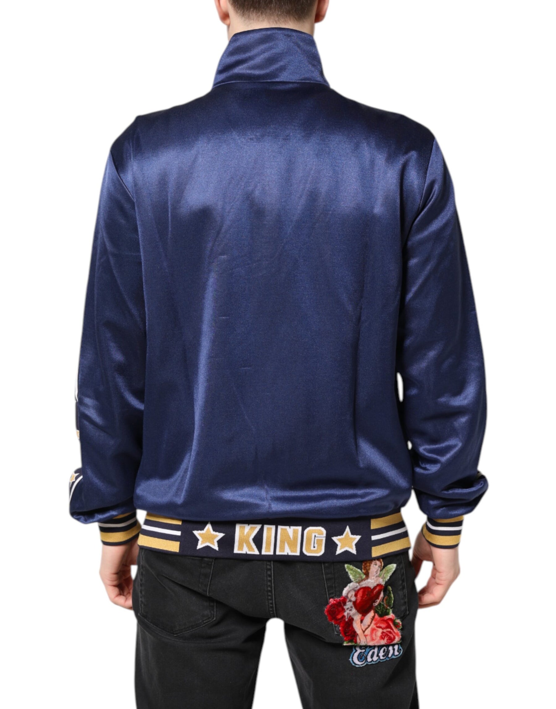 Dolce & Gabbana Blue Nylon Logo Patch Men Bomber Sweater | Regal Royce