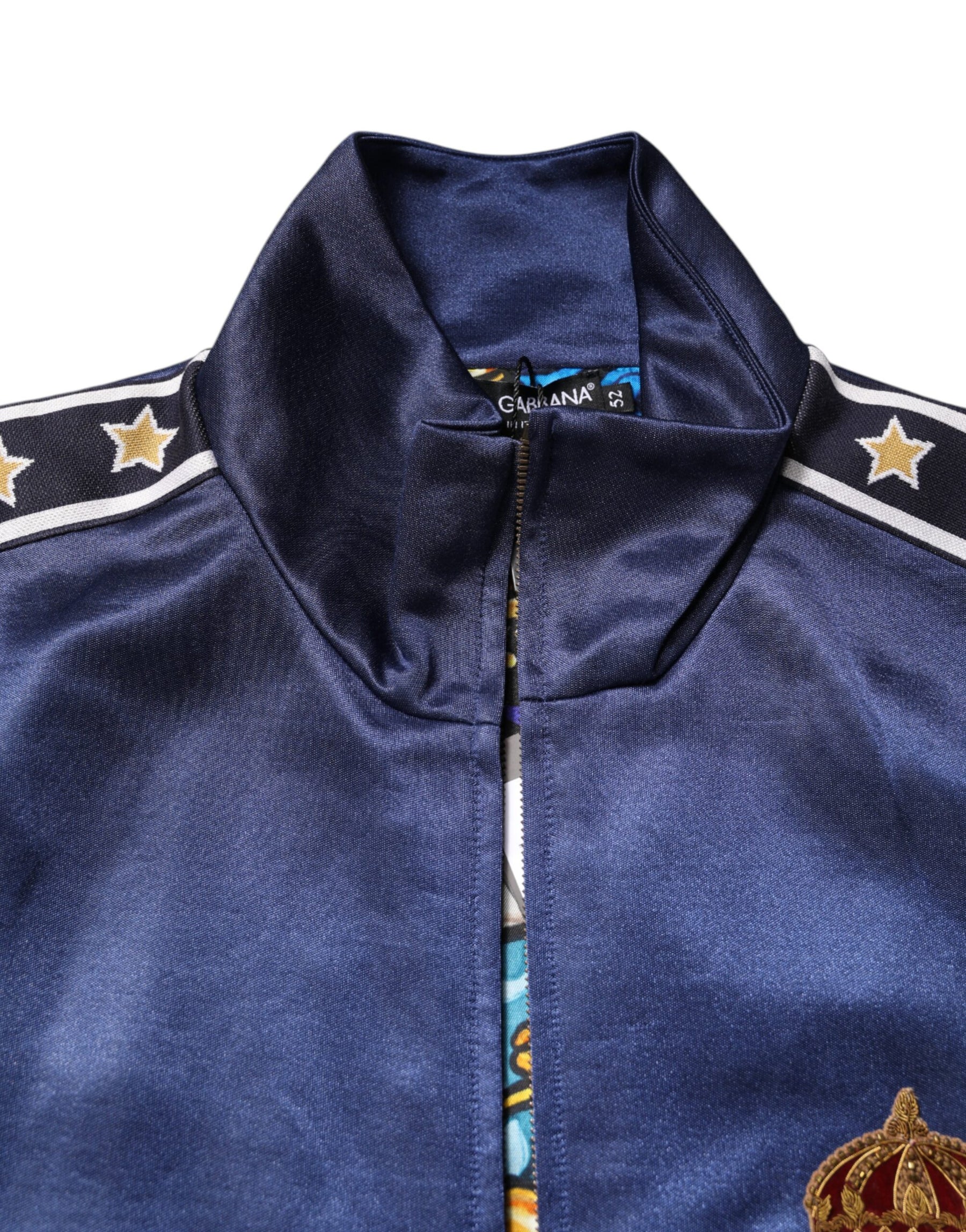 Dolce & Gabbana Blue Nylon Logo Patch Men Bomber Sweater | Regal Royce