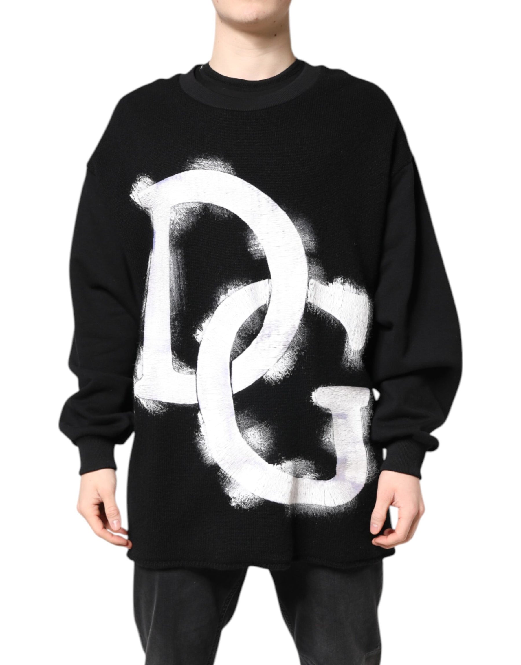 Dolce & Gabbana Black Cotton Logo Print Men Pullover Sweater | Regal Royce