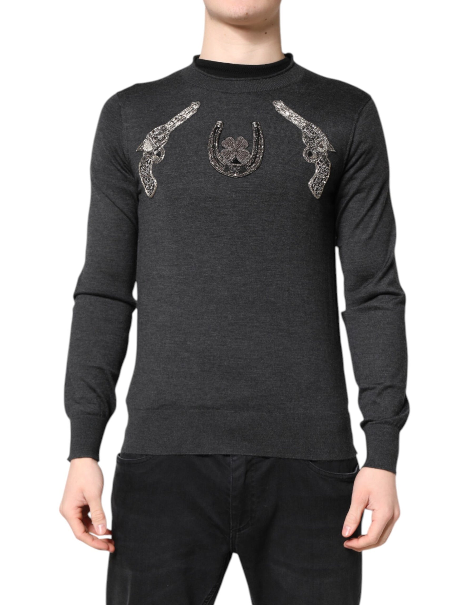Dolce & Gabbana Gray Embroidery Knit Men Pullover Sweater | Regal Royce