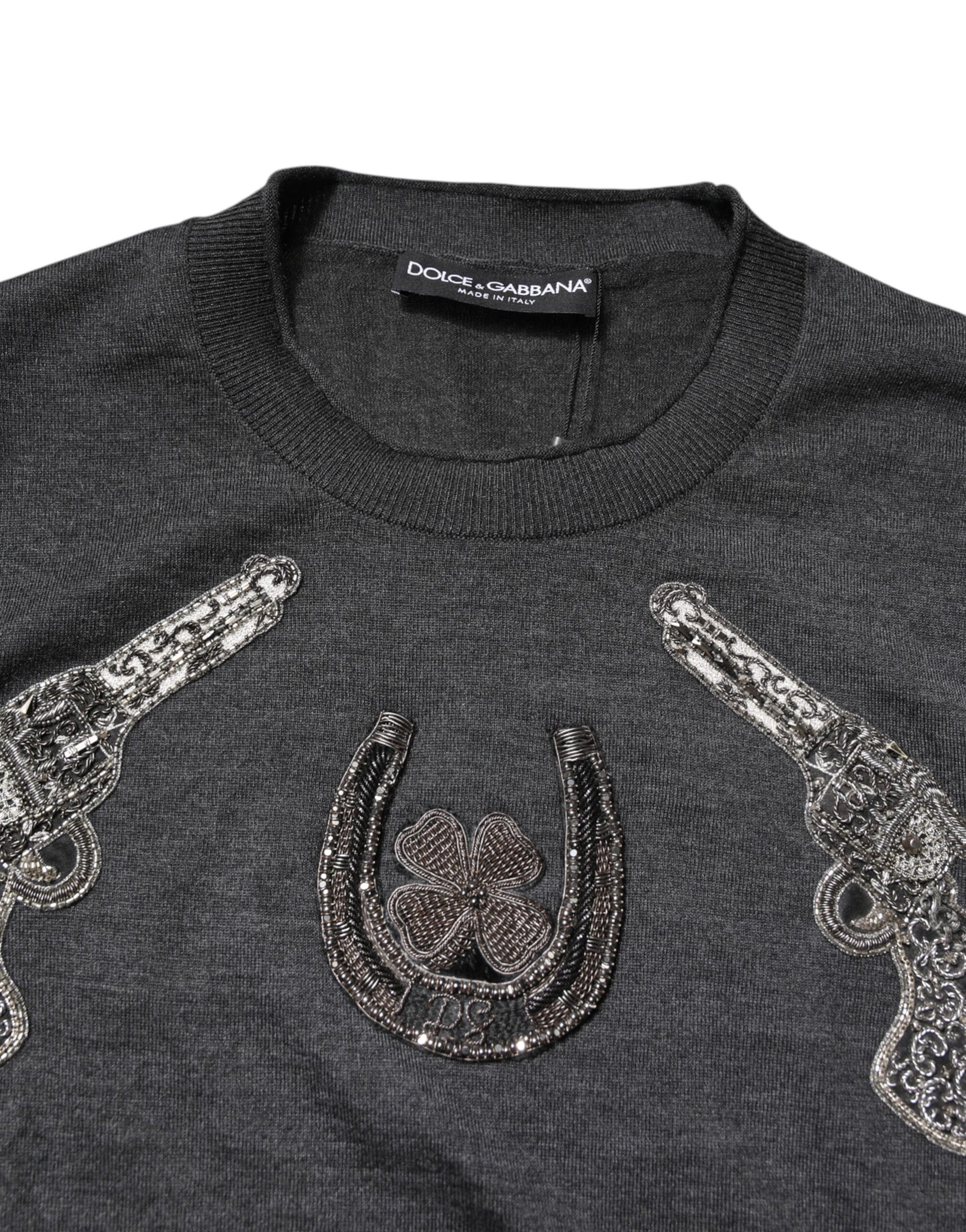 Dolce & Gabbana Gray Embroidery Knit Men Pullover Sweater