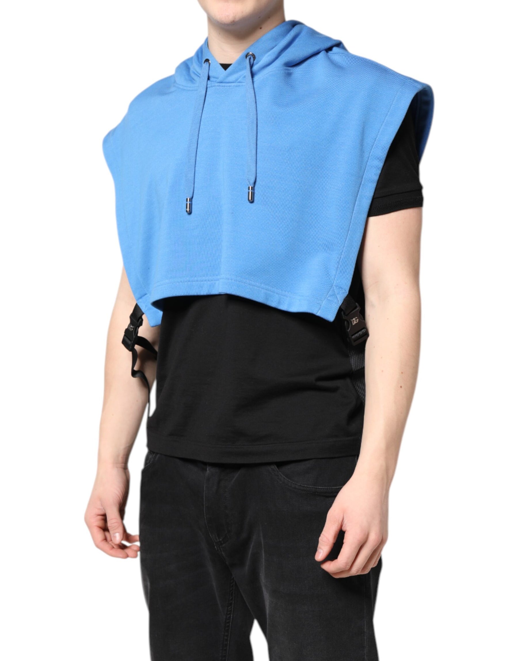 Dolce & Gabbana Blue Cotton Hooded Men Sportswear Vest Sweater | Regal Royce