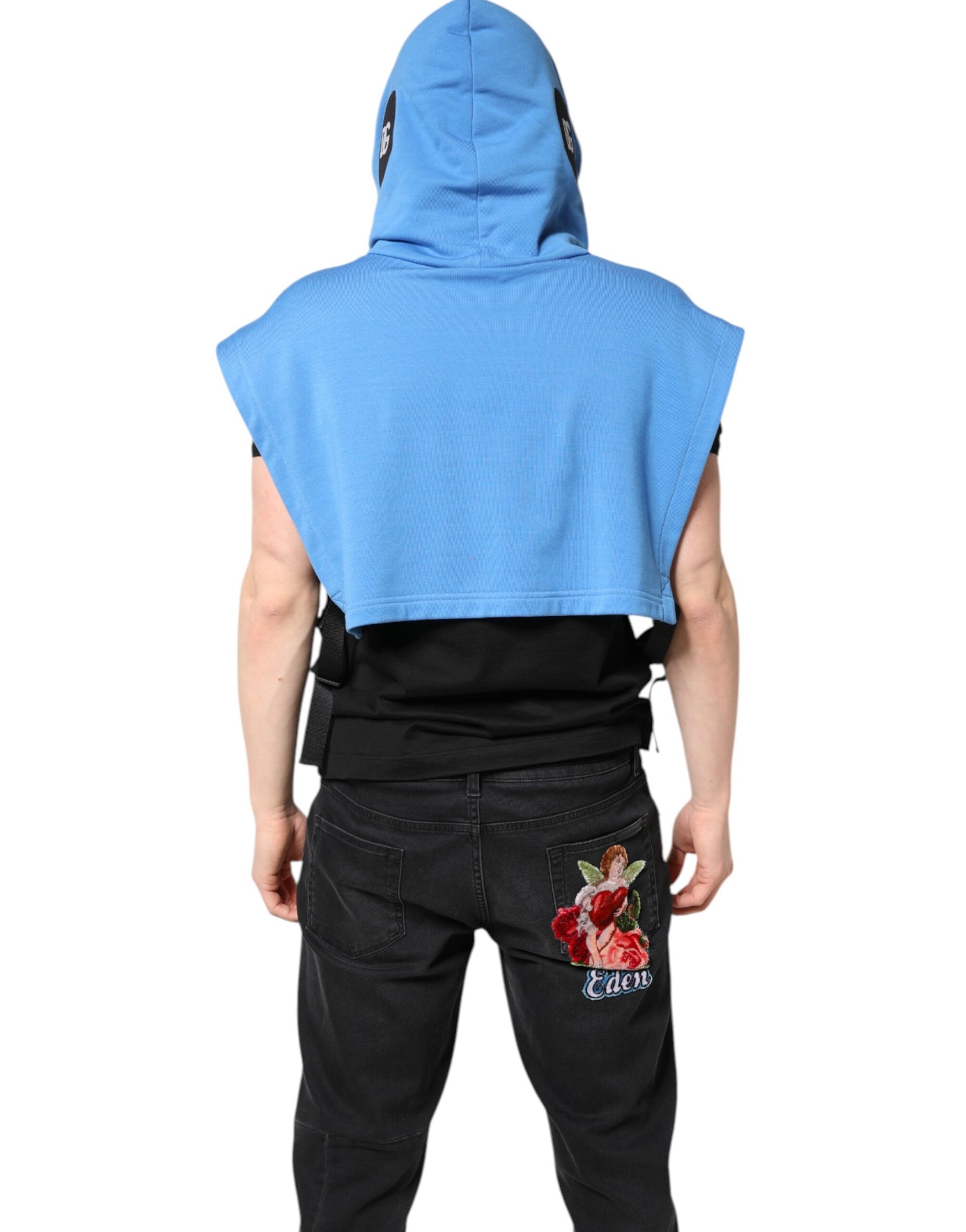 Dolce & Gabbana Blue Cotton Hooded Men Sportswear Vest Sweater | Regal Royce