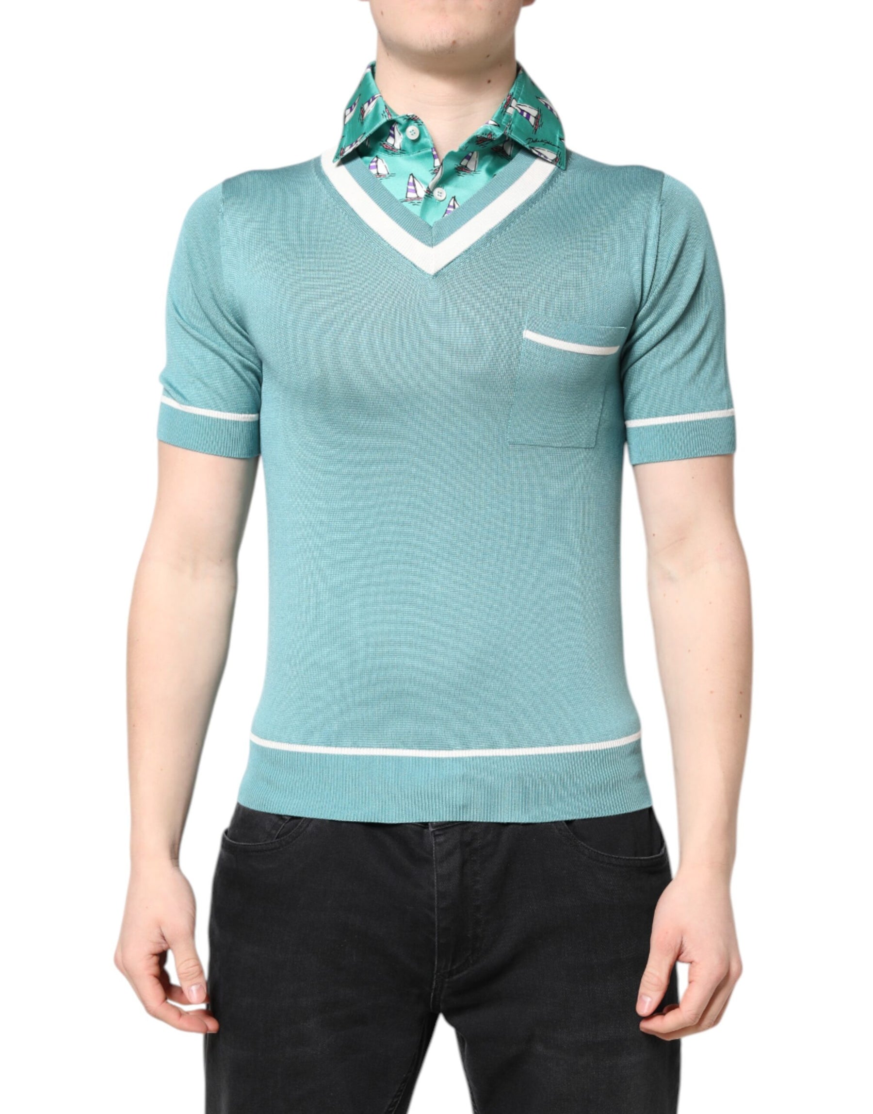 Dolce & Gabbana Green Printed Collared Short Sleeve T-shirt | Regal Royce