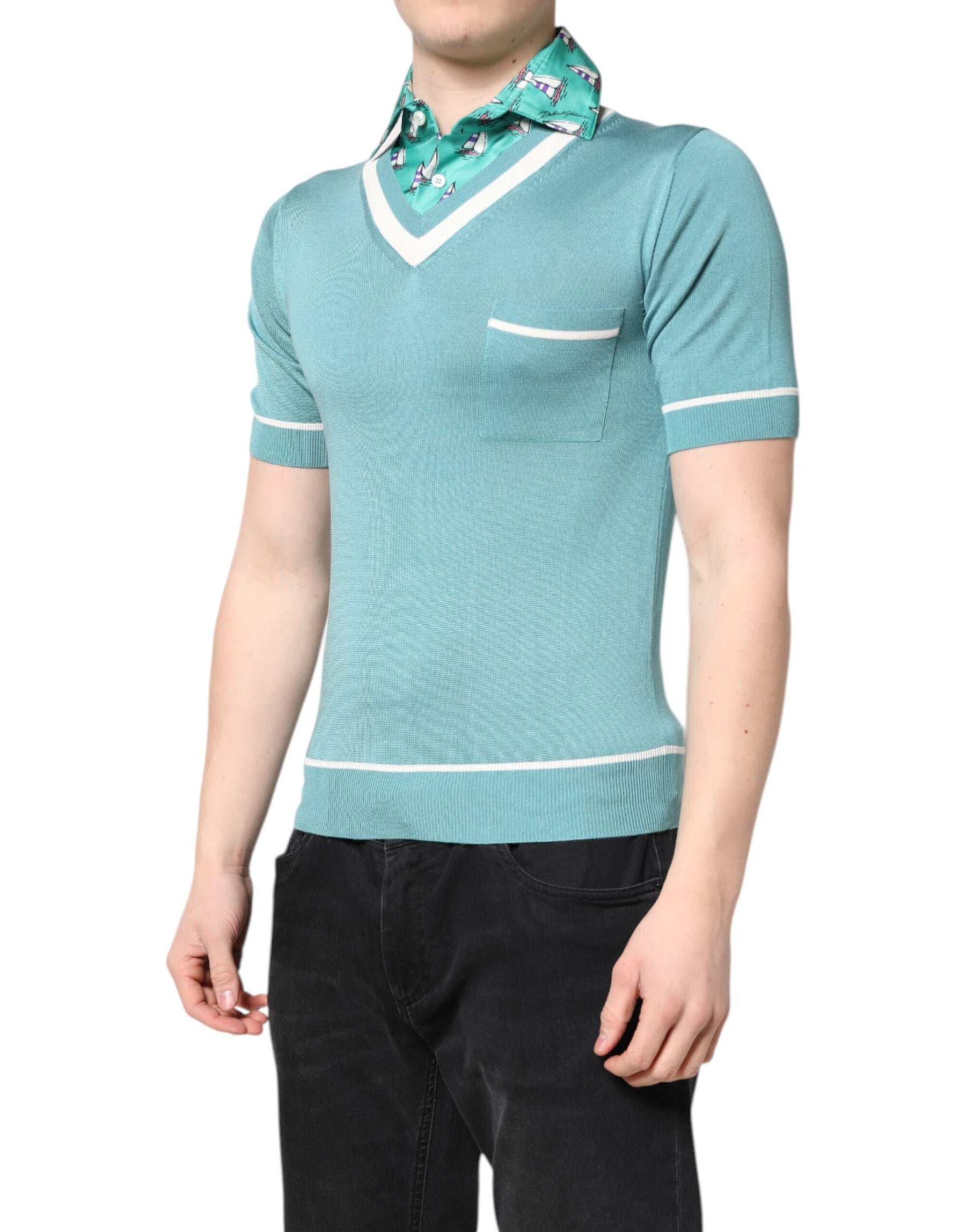 Dolce & Gabbana Green Printed Collared Short Sleeve T-shirt | Regal Royce