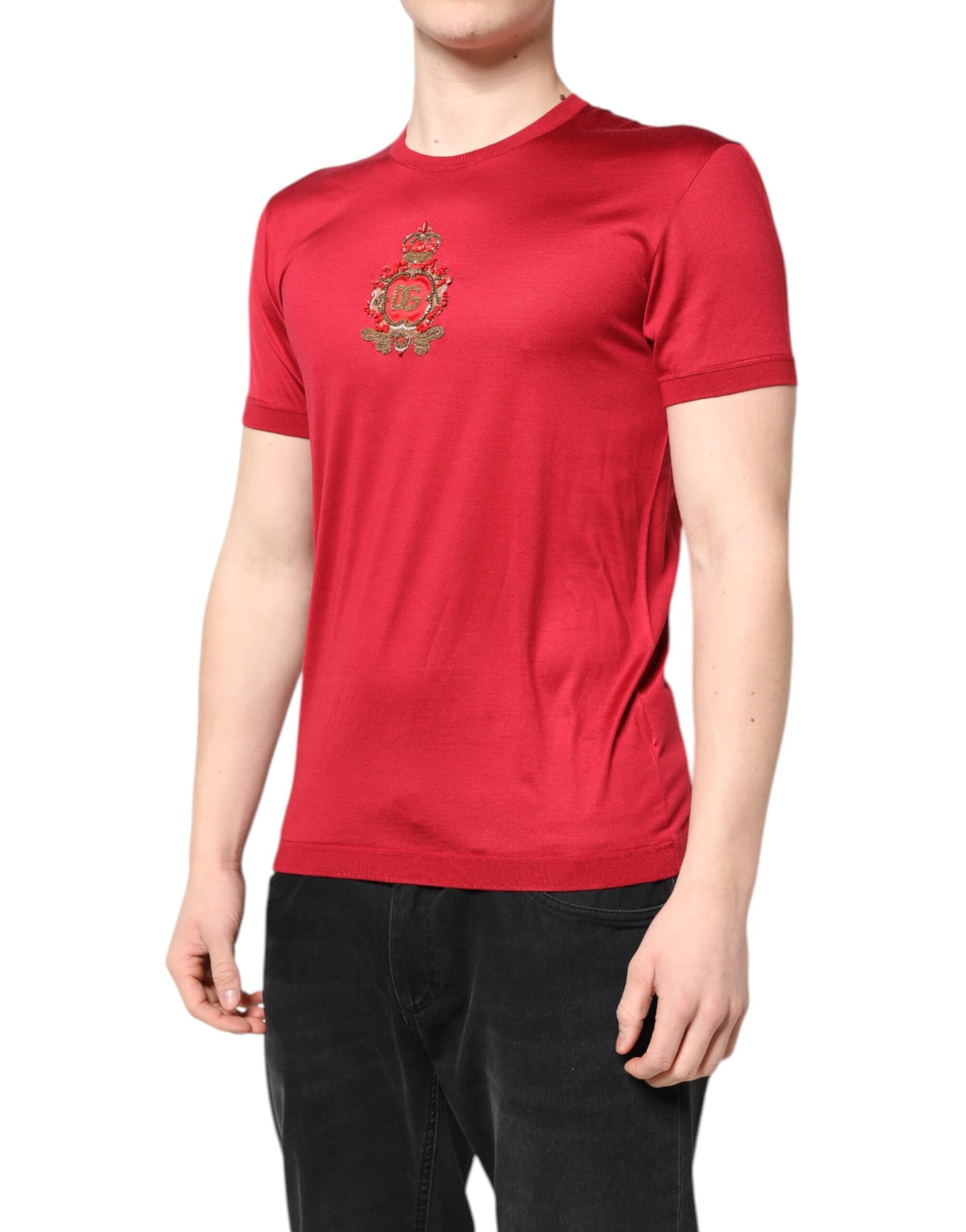 Dolce & Gabbana Red Silk DG Crown Logo Short Sleeve T-shirt | Regal Royce