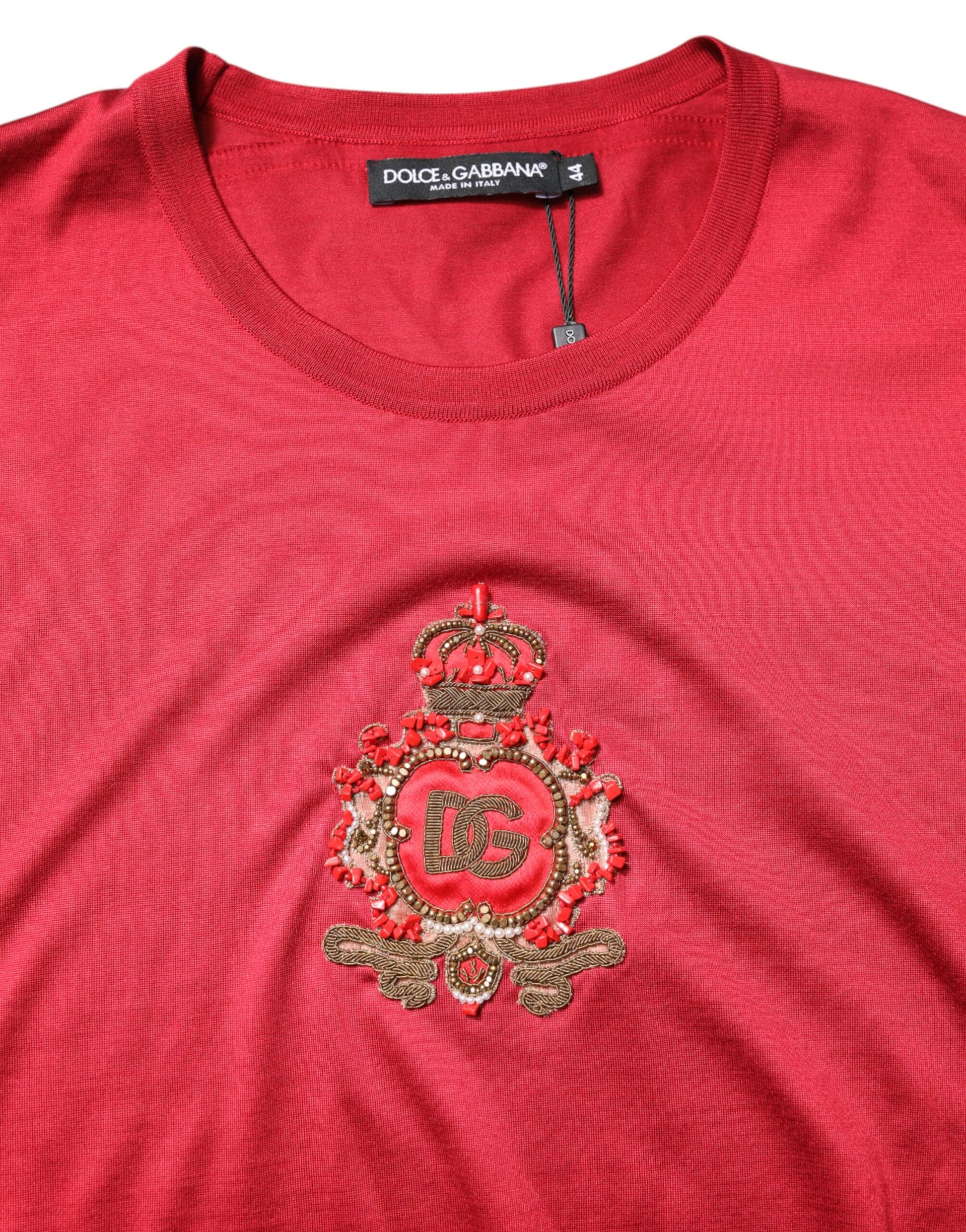 Dolce & Gabbana Red Silk DG Crown Logo Short Sleeve T-shirt