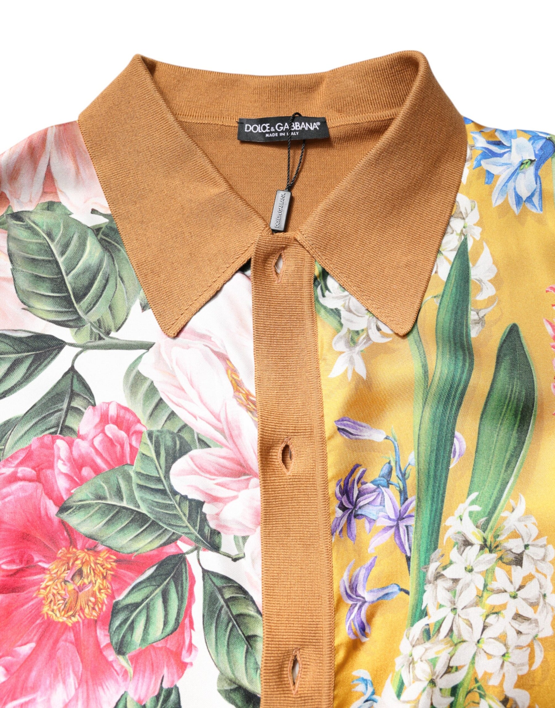 Dolce & Gabbana Brown Floral Collared Short Sleeve T-shirt | Regal Royce