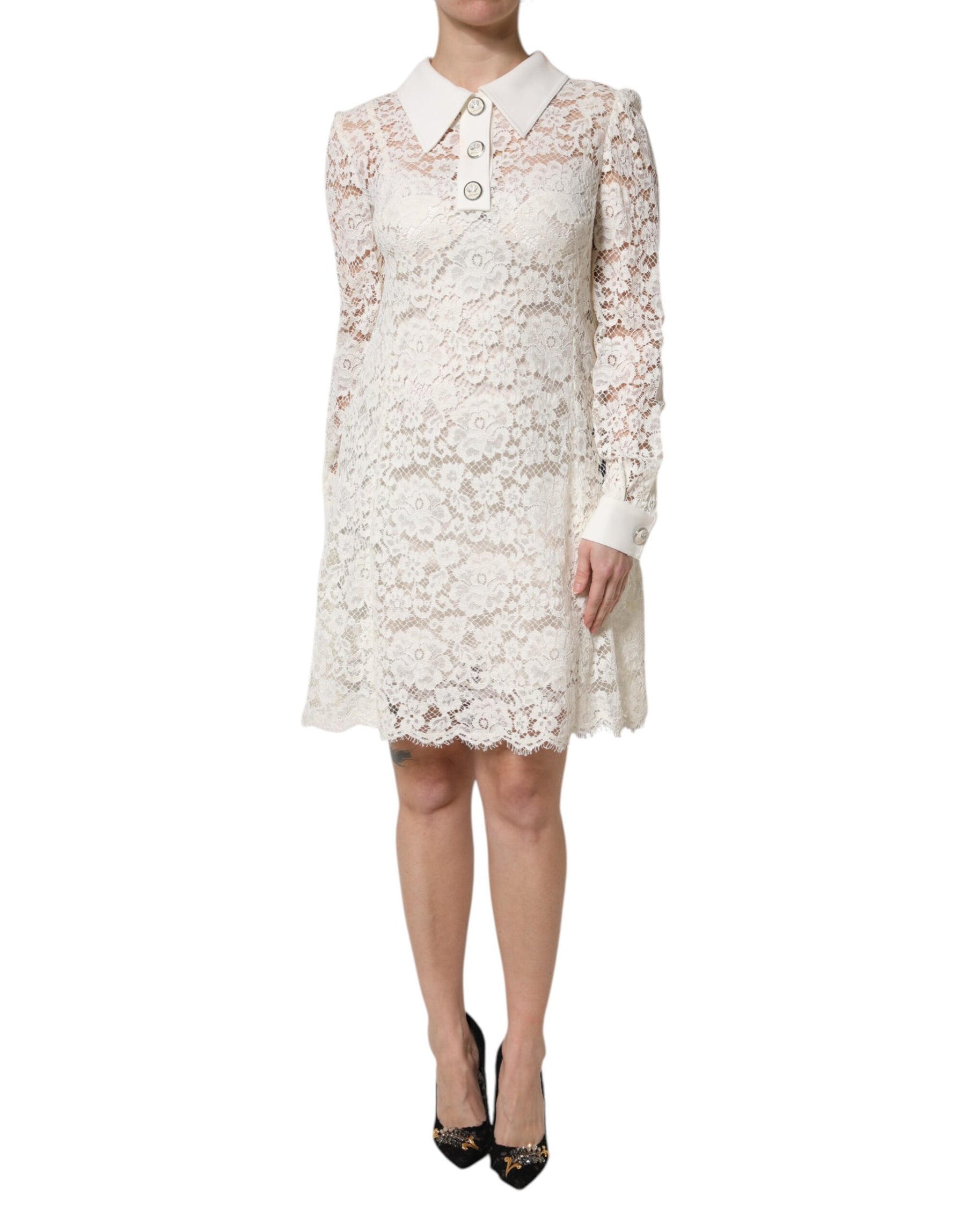 Dolce & Gabbana White Floral Lace Long Sleeves Shift Dress | Regal Royce