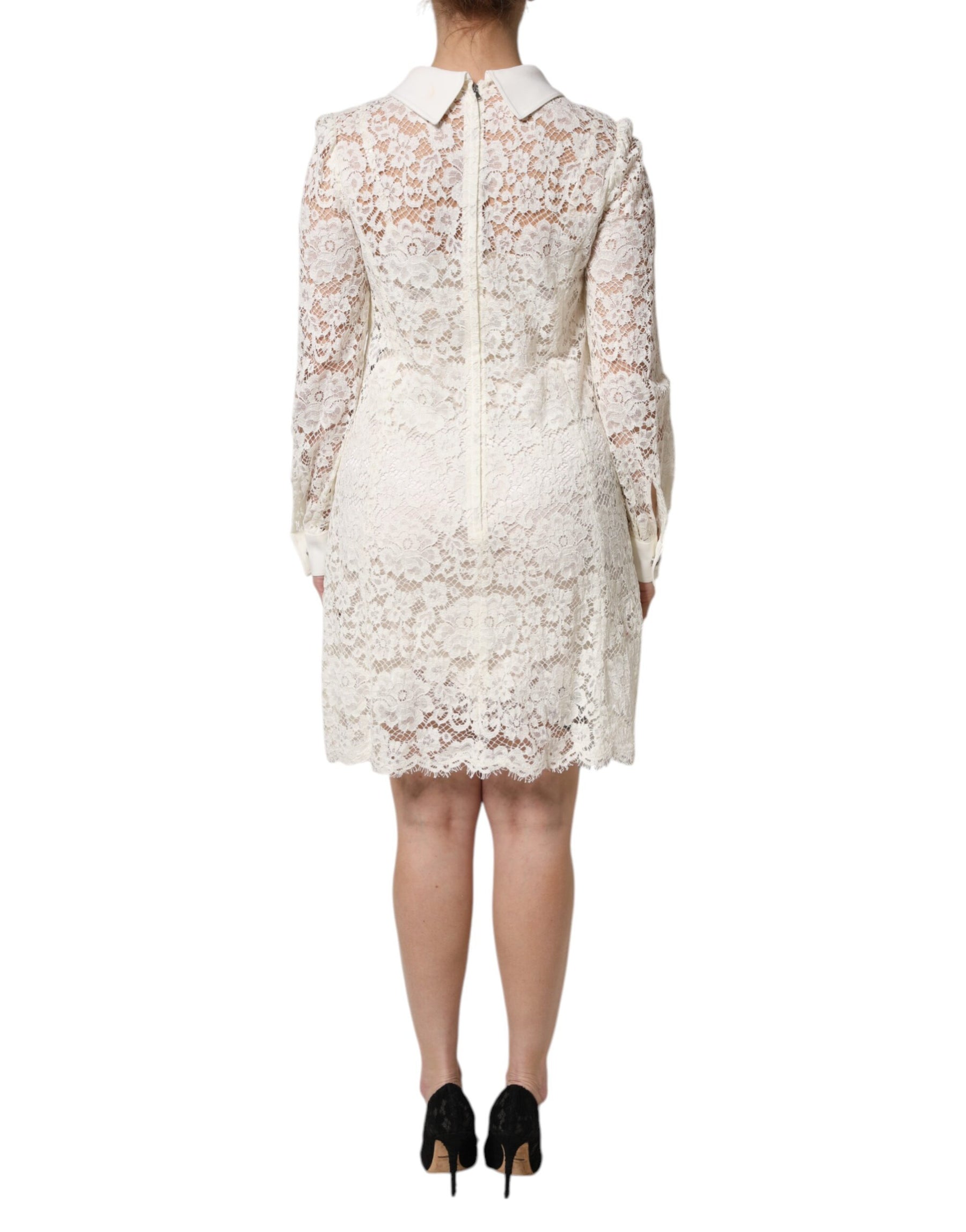 Dolce & Gabbana White Floral Lace Long Sleeves Shift Dress | Regal Royce