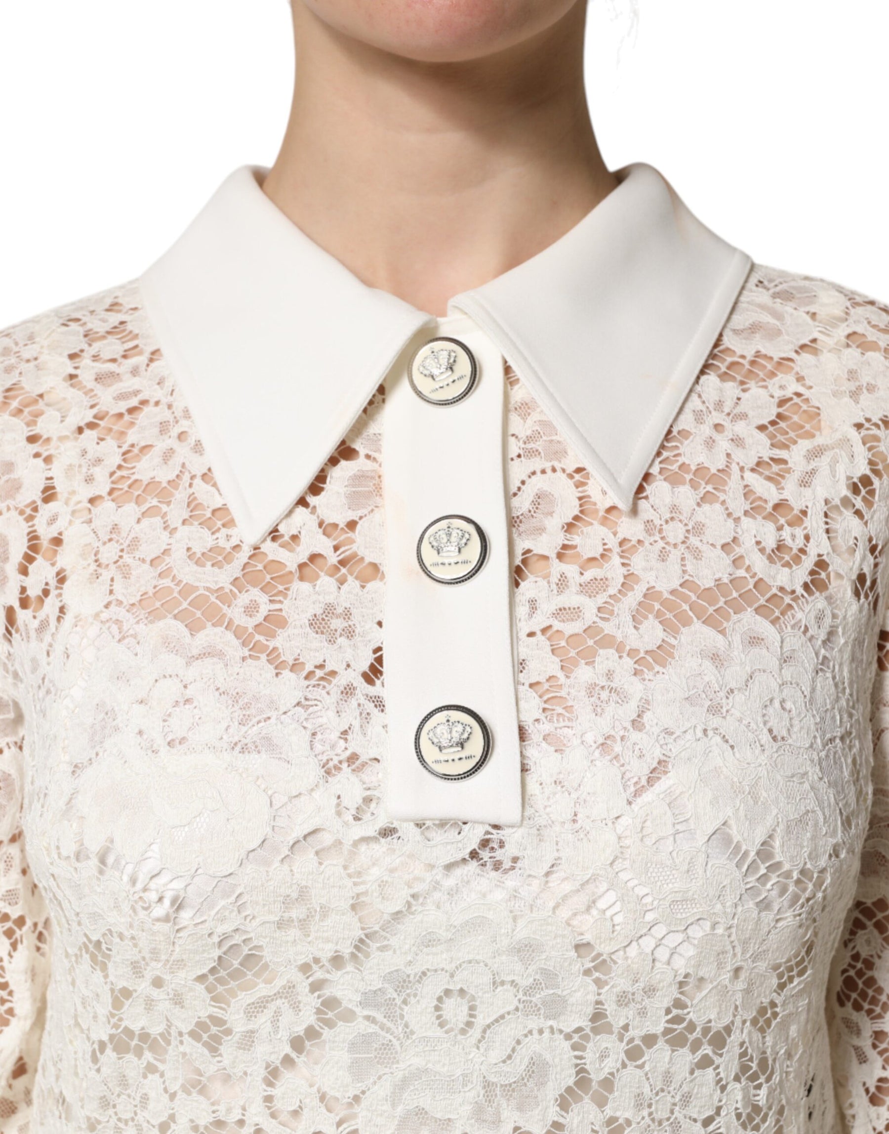 Dolce & Gabbana White Floral Lace Long Sleeves Shift Dress | Regal Royce