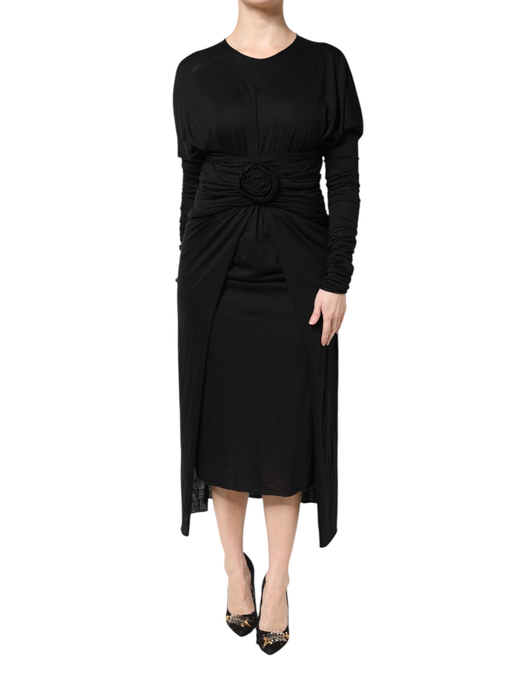 Dolce & Gabbana Black Wool Long Sleeves Sheath Midi Dress | Regal Royce