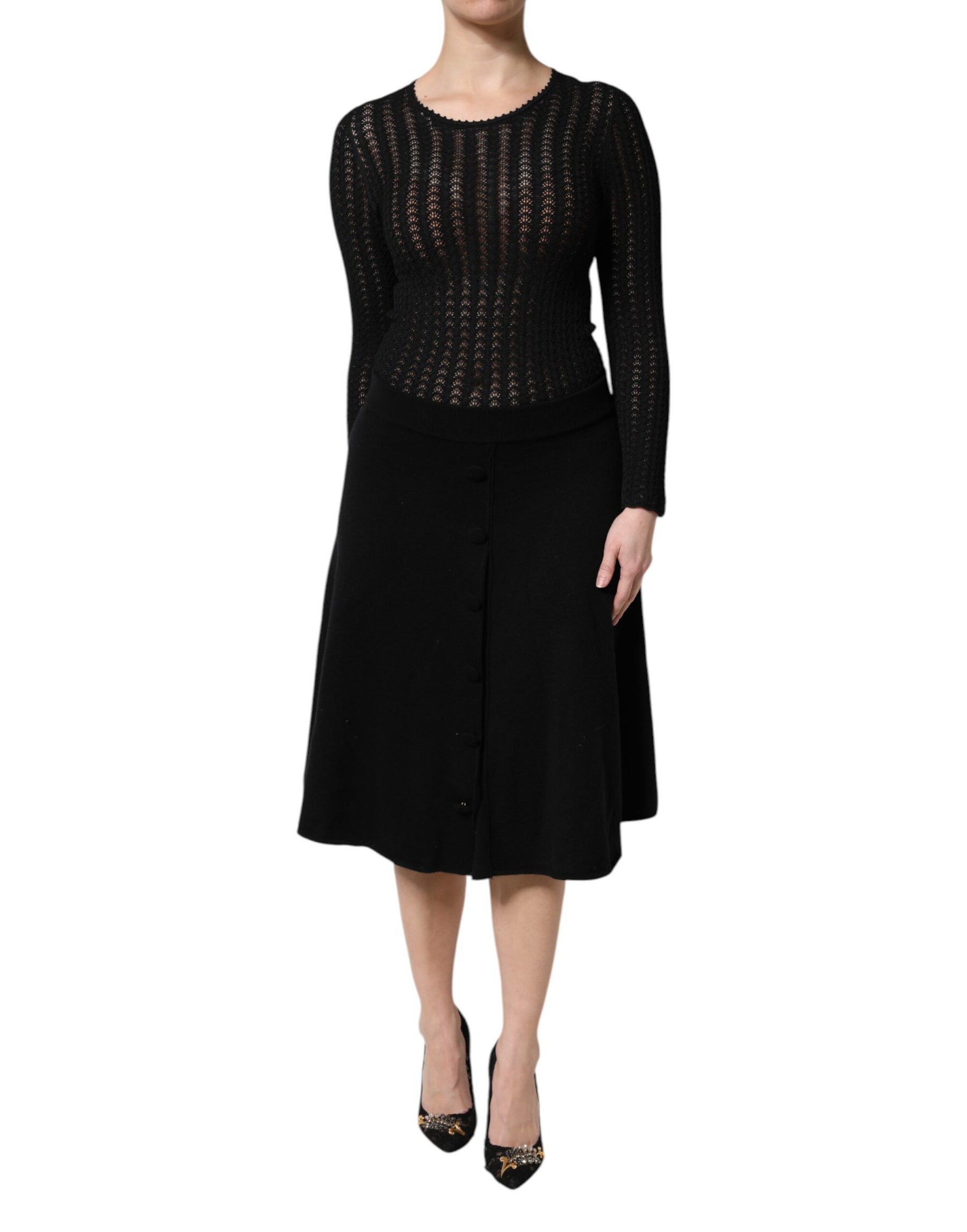Dolce & Gabbana Black Cashmere Long Sleeves A-line Midi Dress | Regal Royce