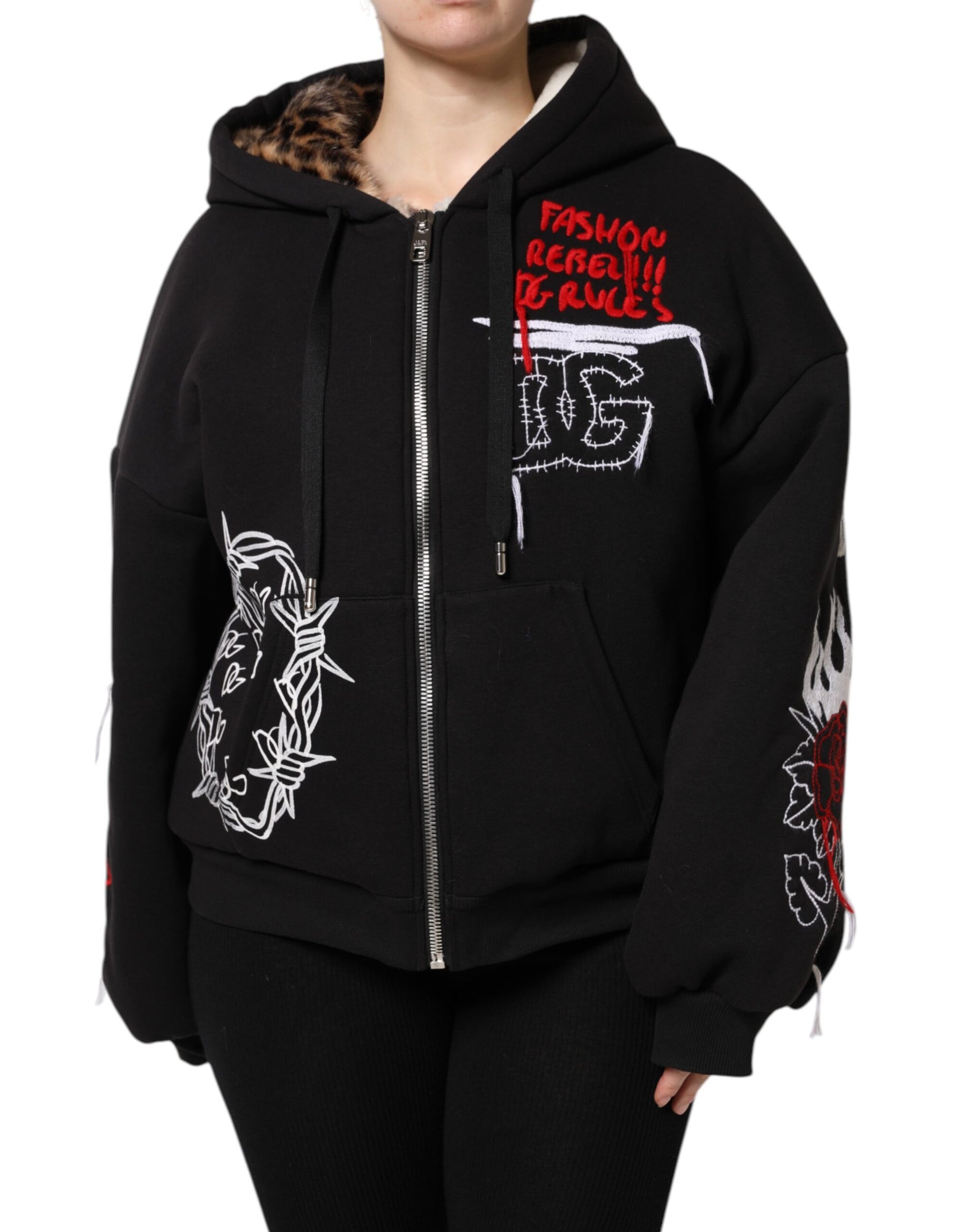 Dolce & Gabbana Black Embroidered Full Zip Hooded Jacket | Regal Royce