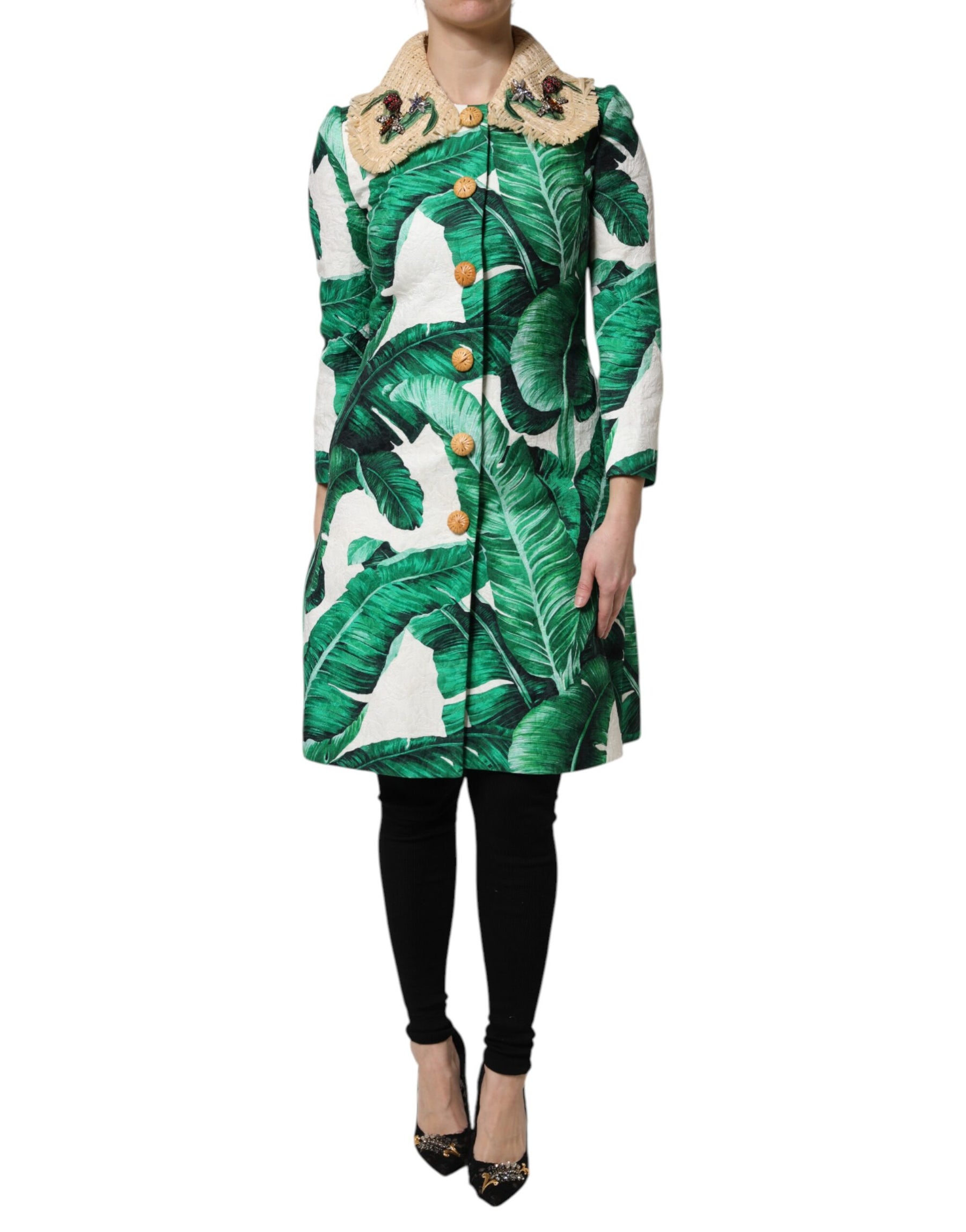 Dolce & Gabbana Multicolor Leaf Print Embellished Trenchcoat Jacket | Regal Royce