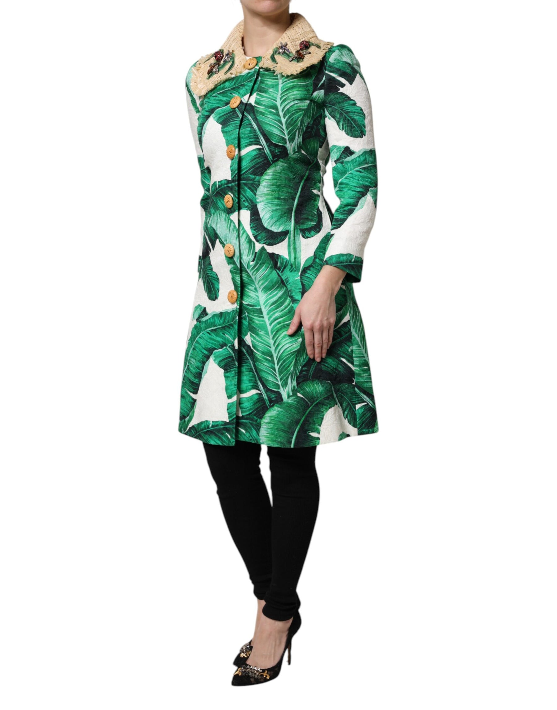 Dolce & Gabbana Multicolor Leaf Print Embellished Trenchcoat Jacket | Regal Royce