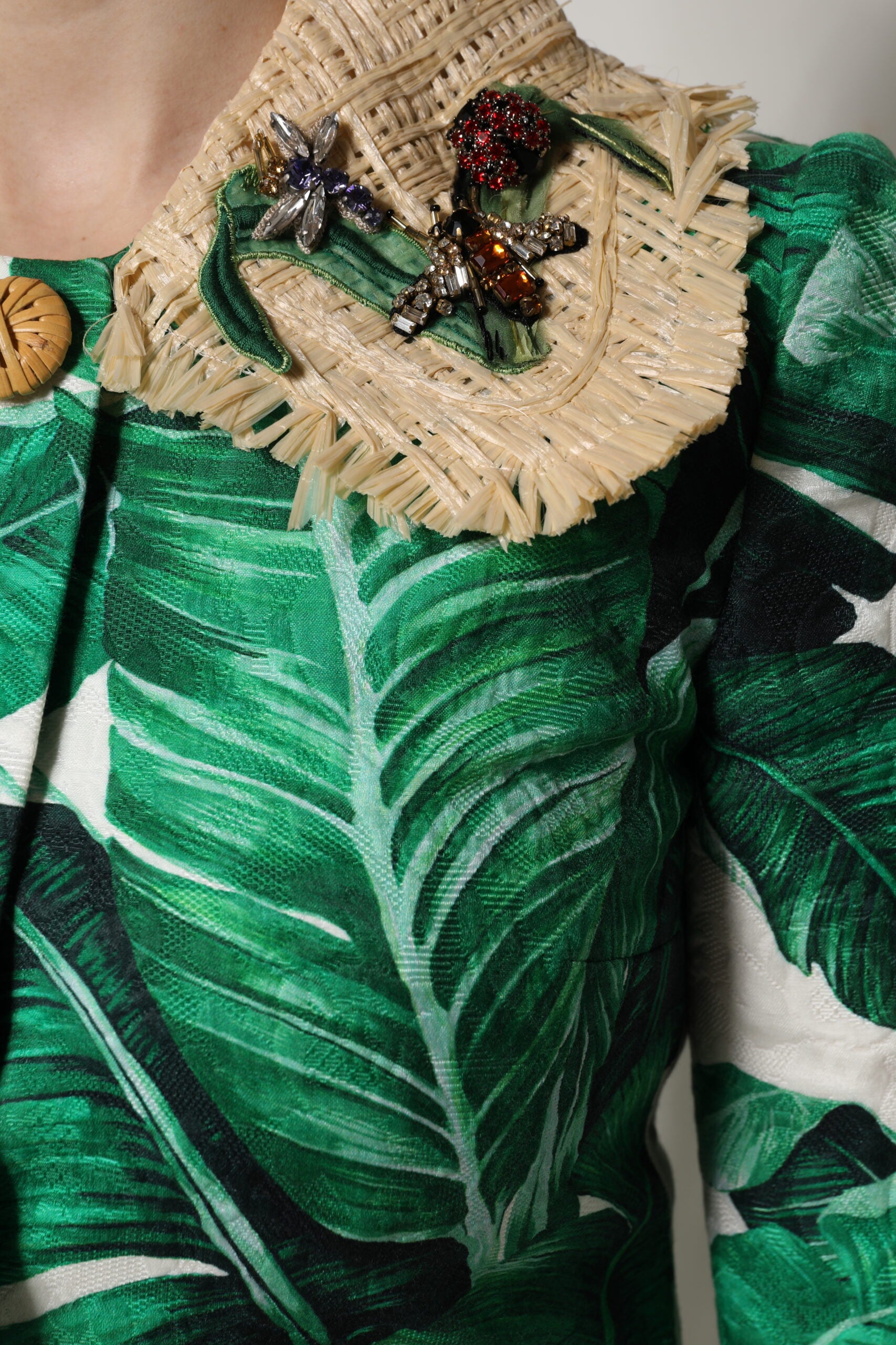 Dolce & Gabbana Multicolor Leaf Print Embellished Trenchcoat Jacket | Regal Royce