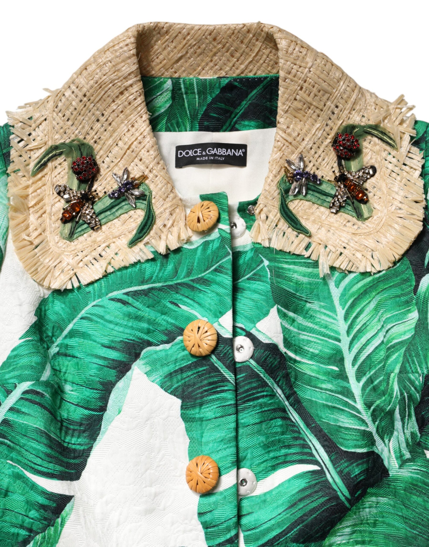 Dolce & Gabbana Multicolor Leaf Print Embellished Trenchcoat Jacket | Regal Royce