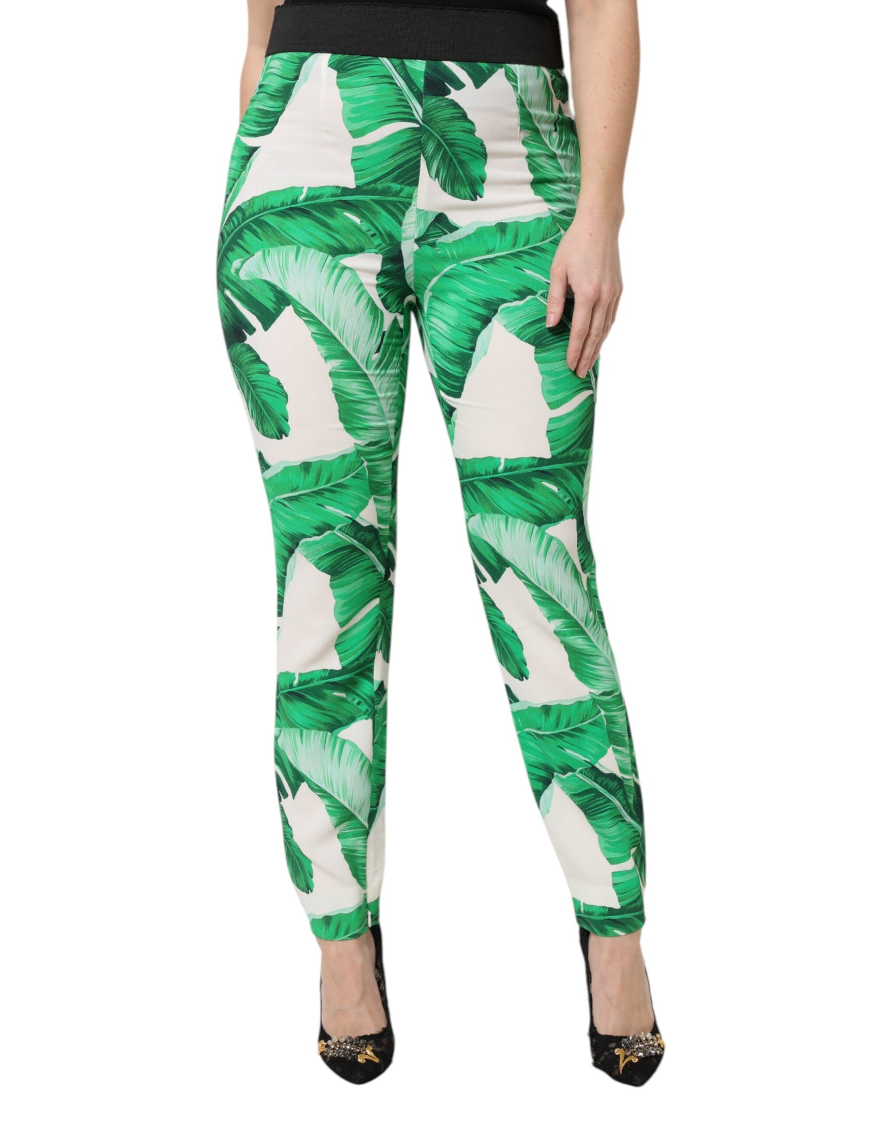 Dolce & Gabbana White Green Leaf High Waist Pants | Regal Royce