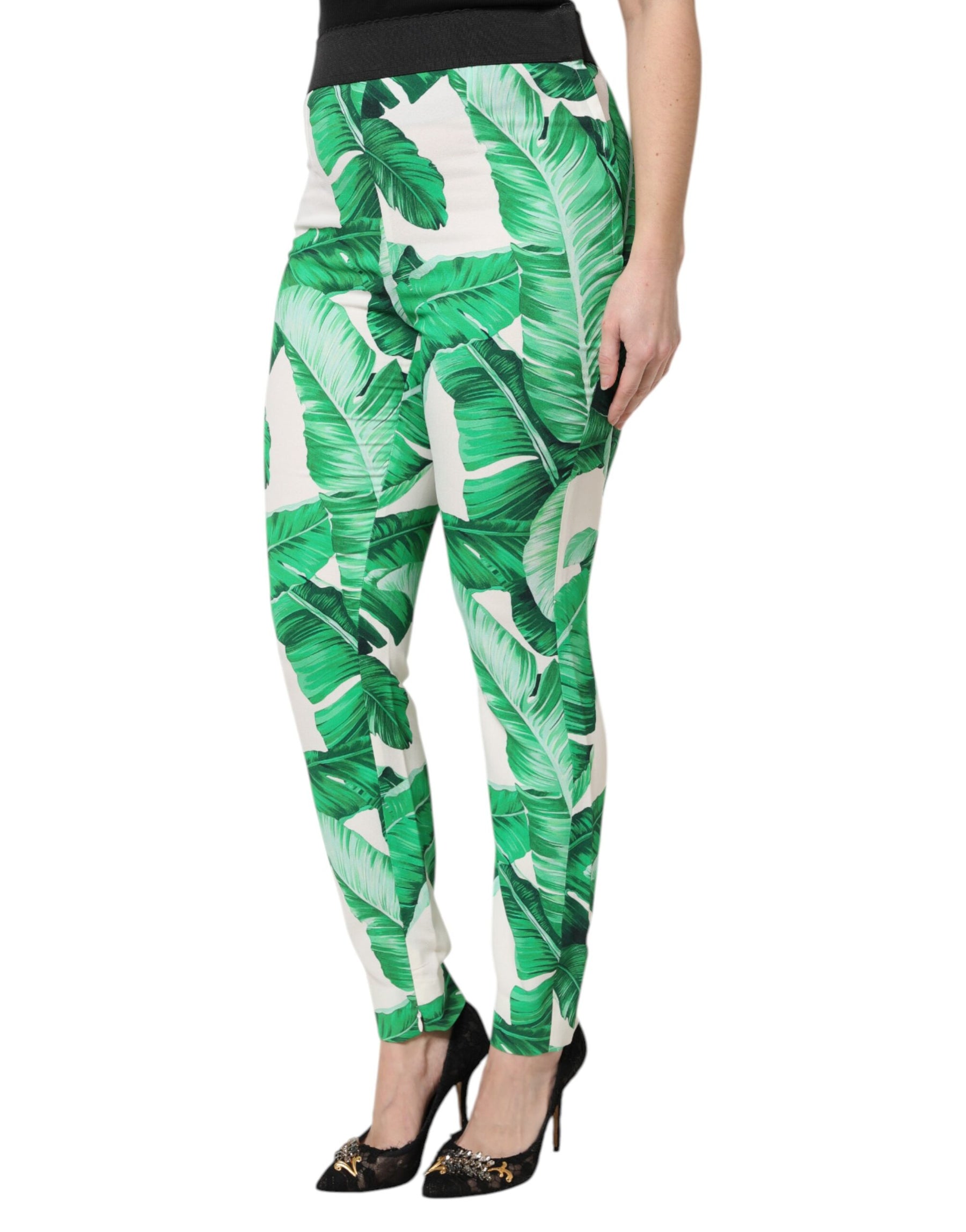 Dolce & Gabbana White Green Leaf High Waist Pants | Regal Royce