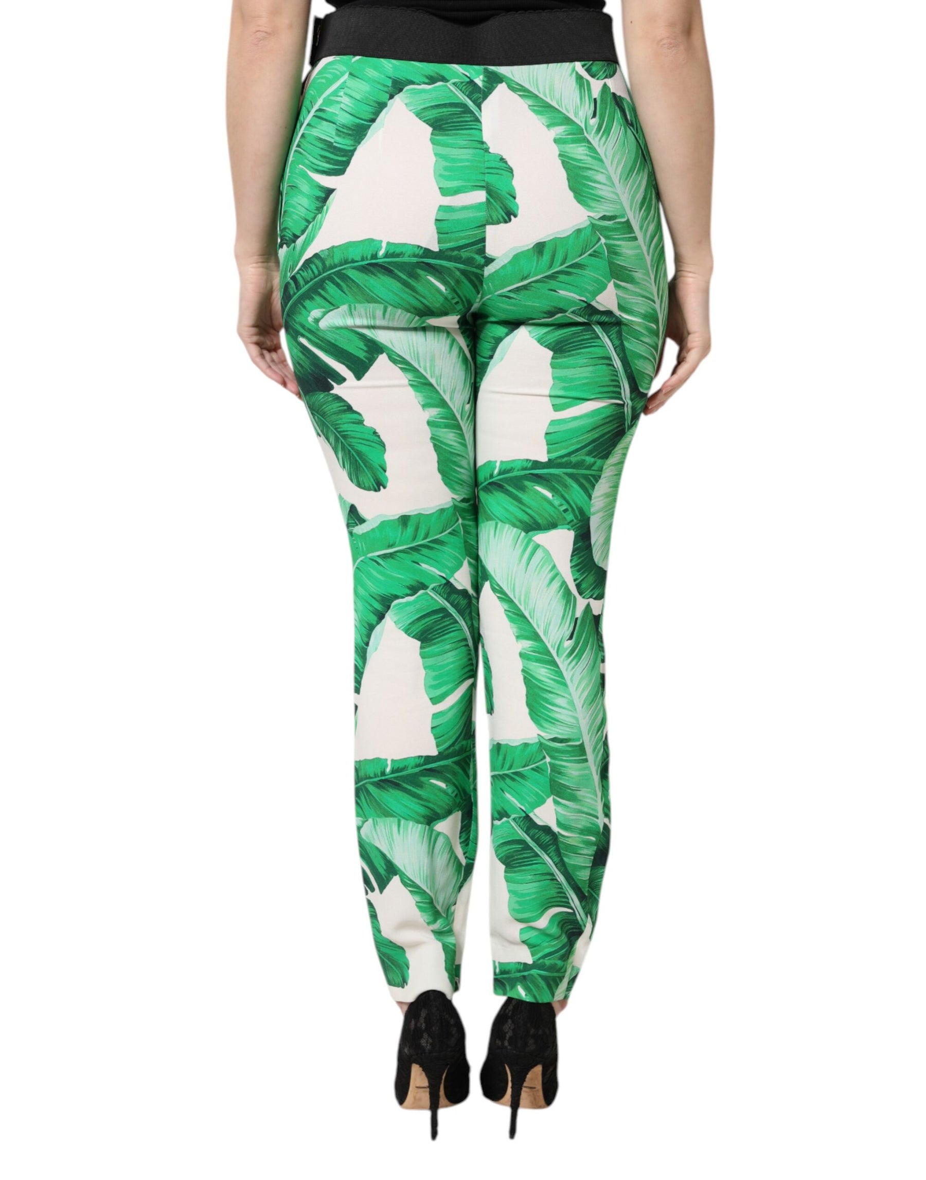 Dolce & Gabbana White Green Leaf High Waist Pants | Regal Royce