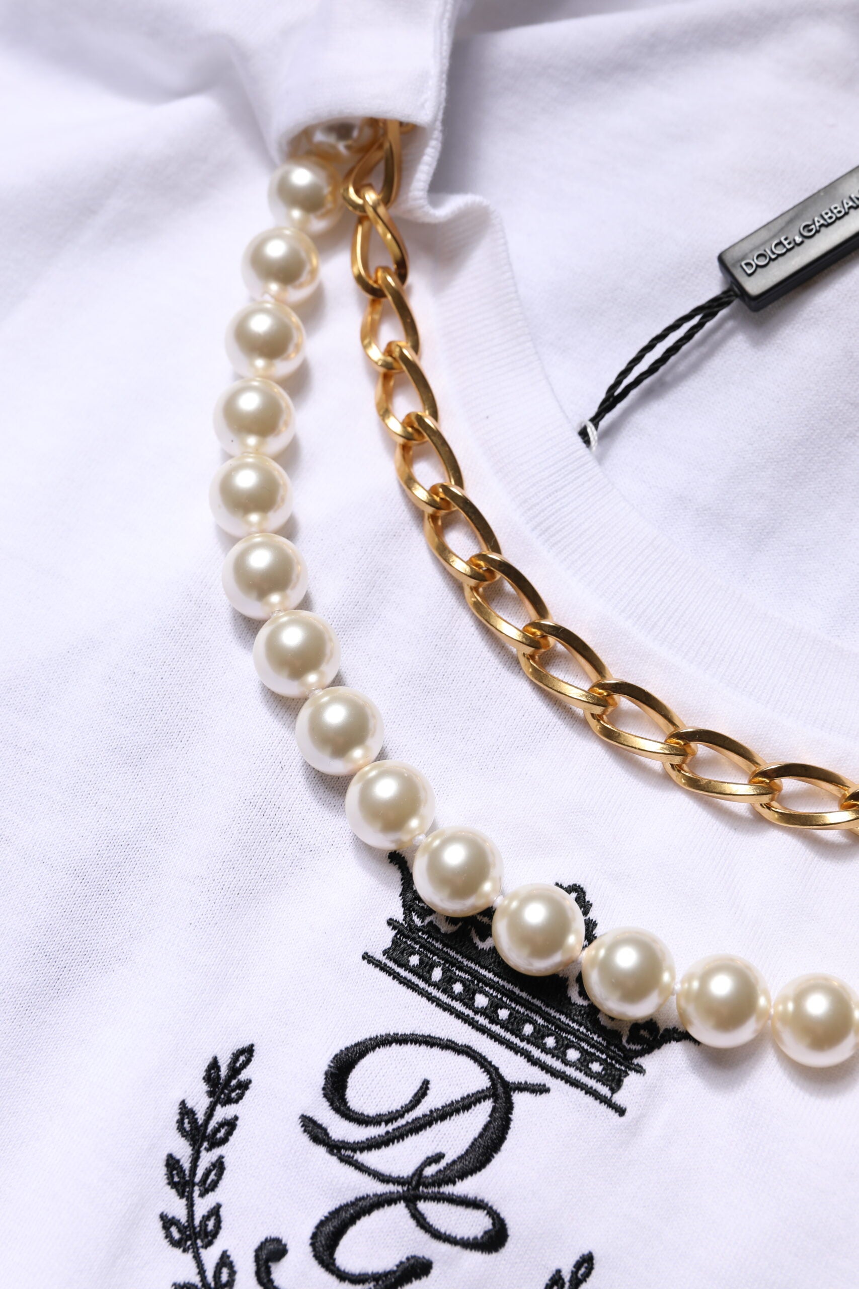 Dolce & Gabbana White Chain Pearl Cotton Round Neck T-shirt | Regal Royce