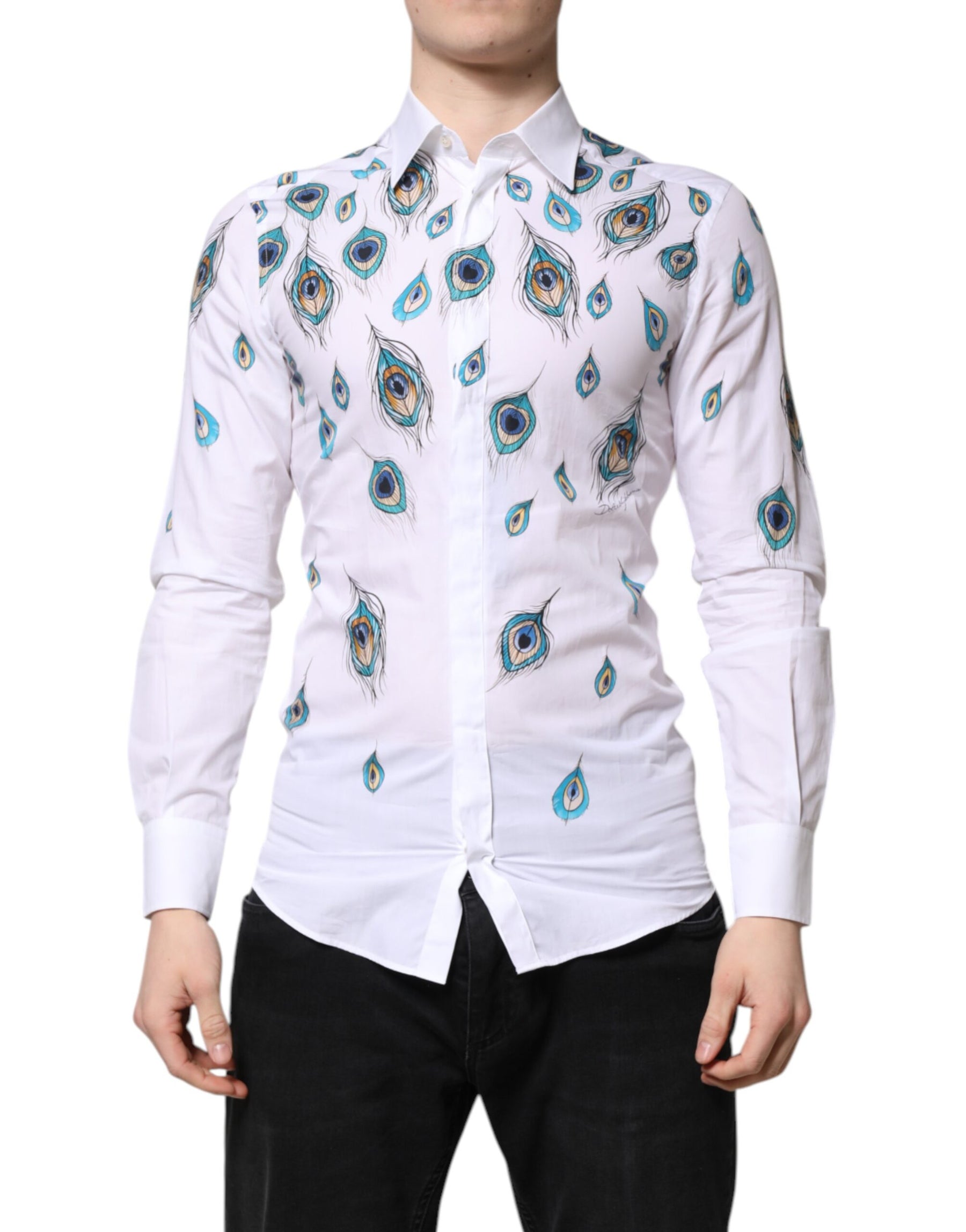 Dolce & Gabbana White Cotton Feather Print GOLD Dress Shirt | Regal Royce