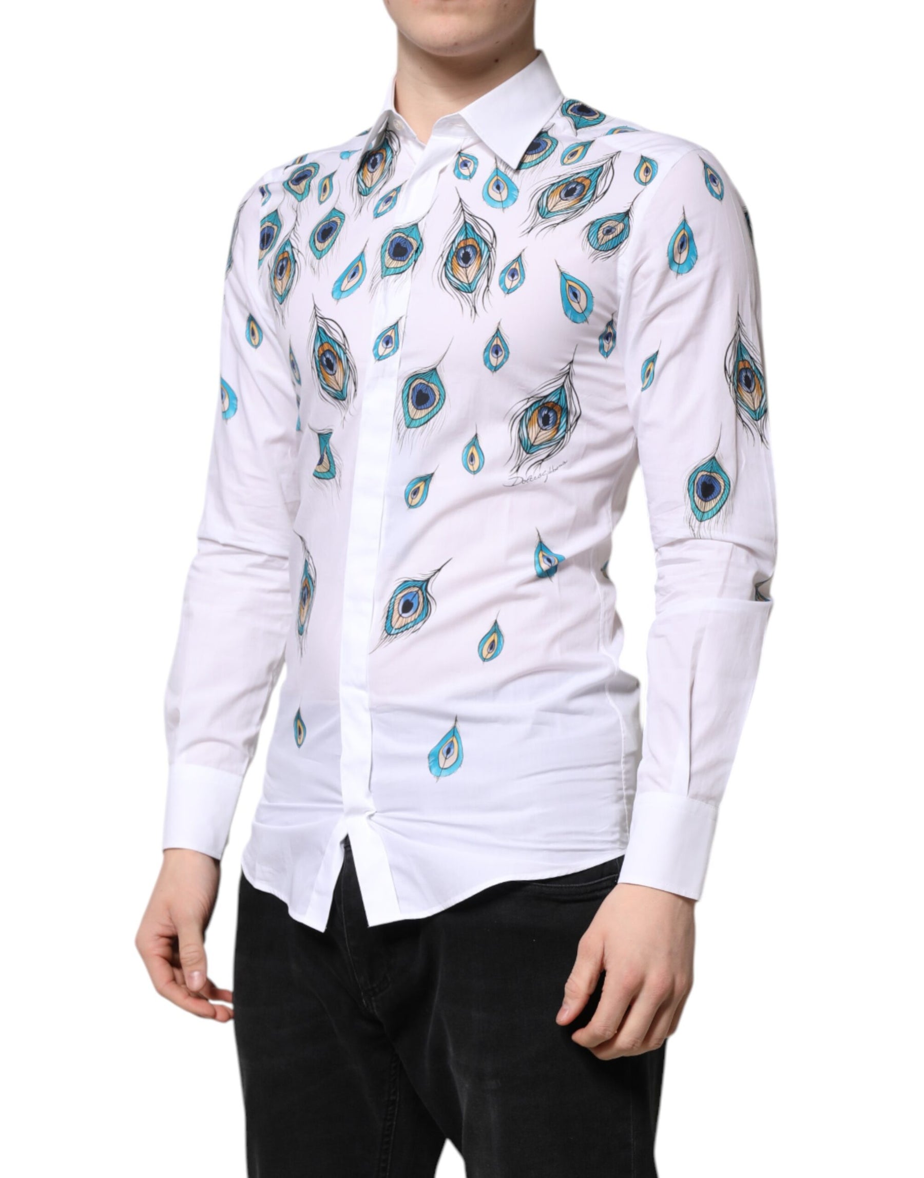 Dolce & Gabbana White Cotton Feather Print GOLD Dress Shirt | Regal Royce