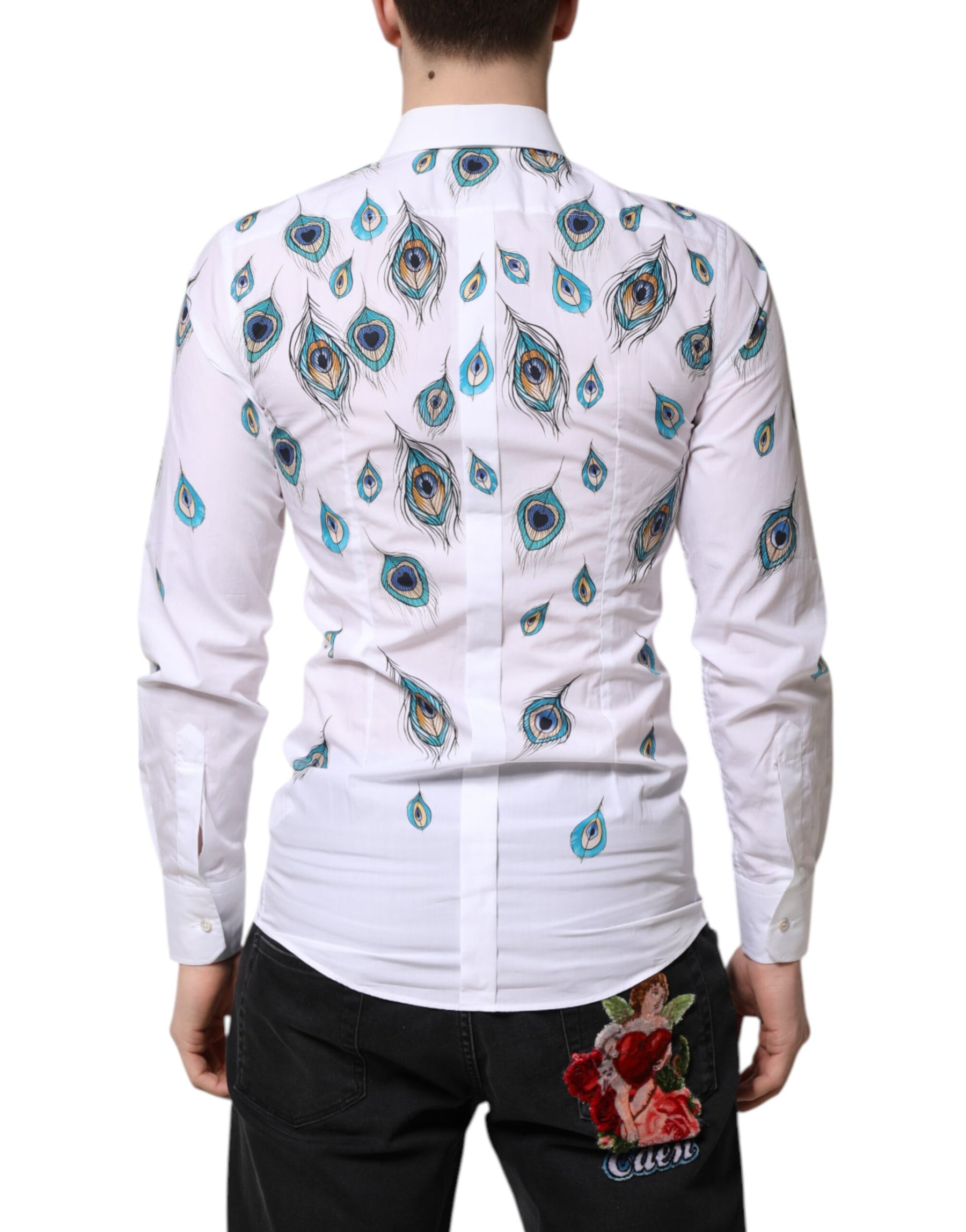 Dolce & Gabbana White Cotton Feather Print GOLD Dress Shirt | Regal Royce