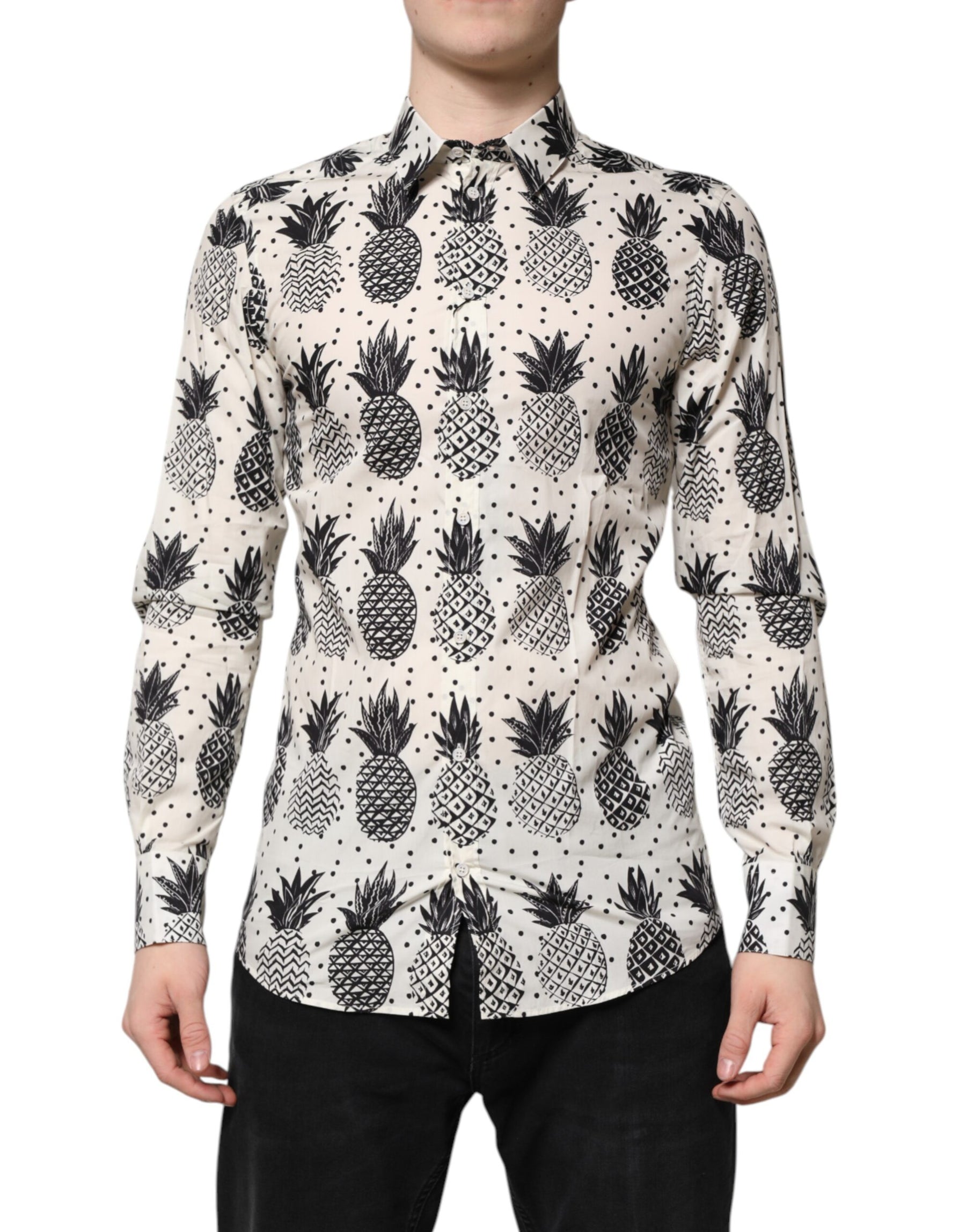 Dolce & Gabbana White Pineapple Print Long Sleeve GOLD Shirt | Regal Royce