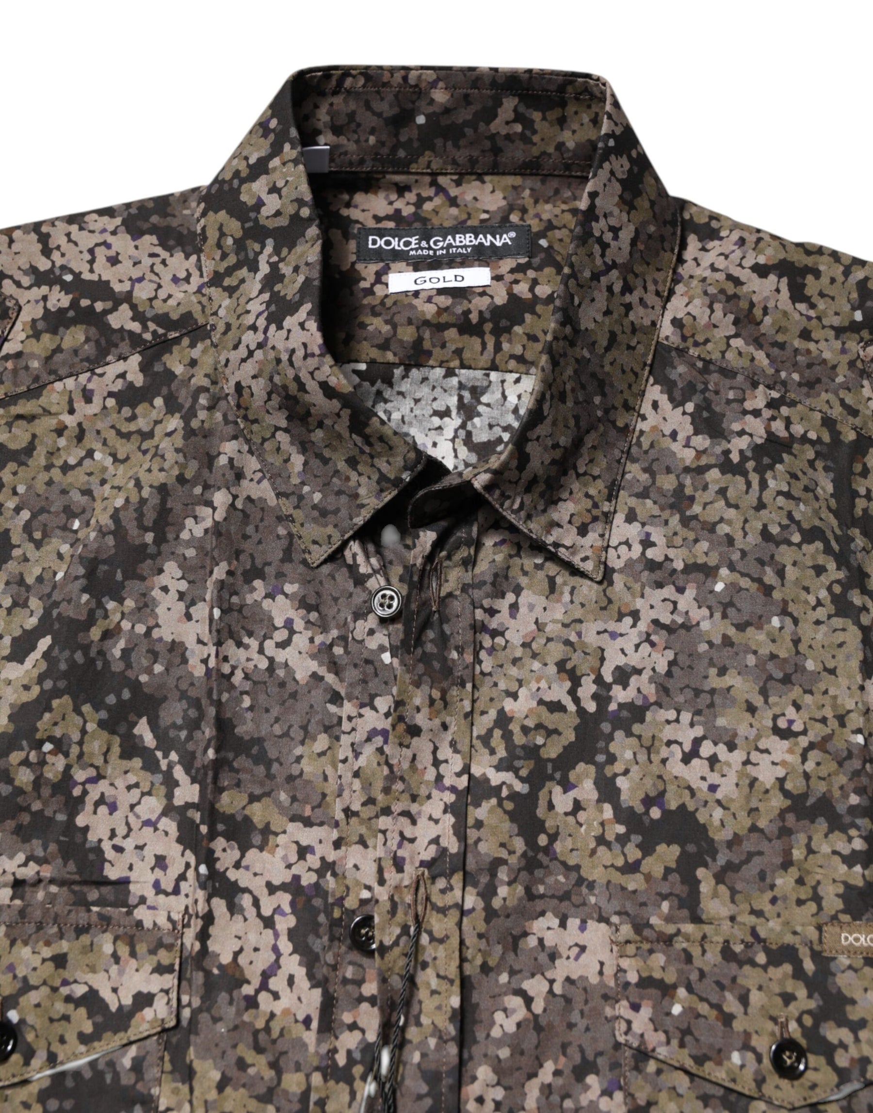 Dolce & Gabbana Multicolor Camouflage Button Down GOLD Shirt | Regal Royce