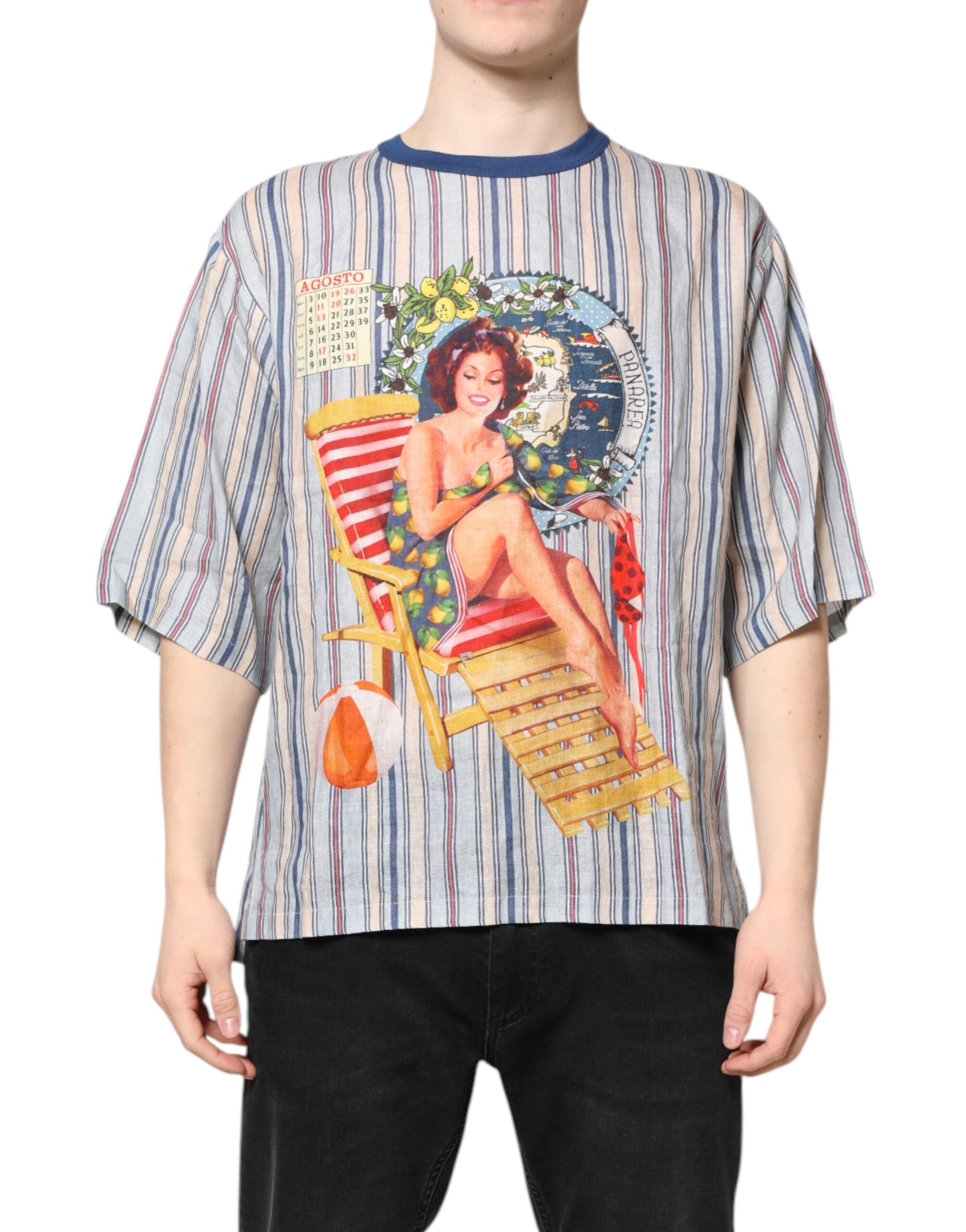 Dolce & Gabbana Multicolor Striped Pin Up Linen Round Neck T-shirt | Regal Royce