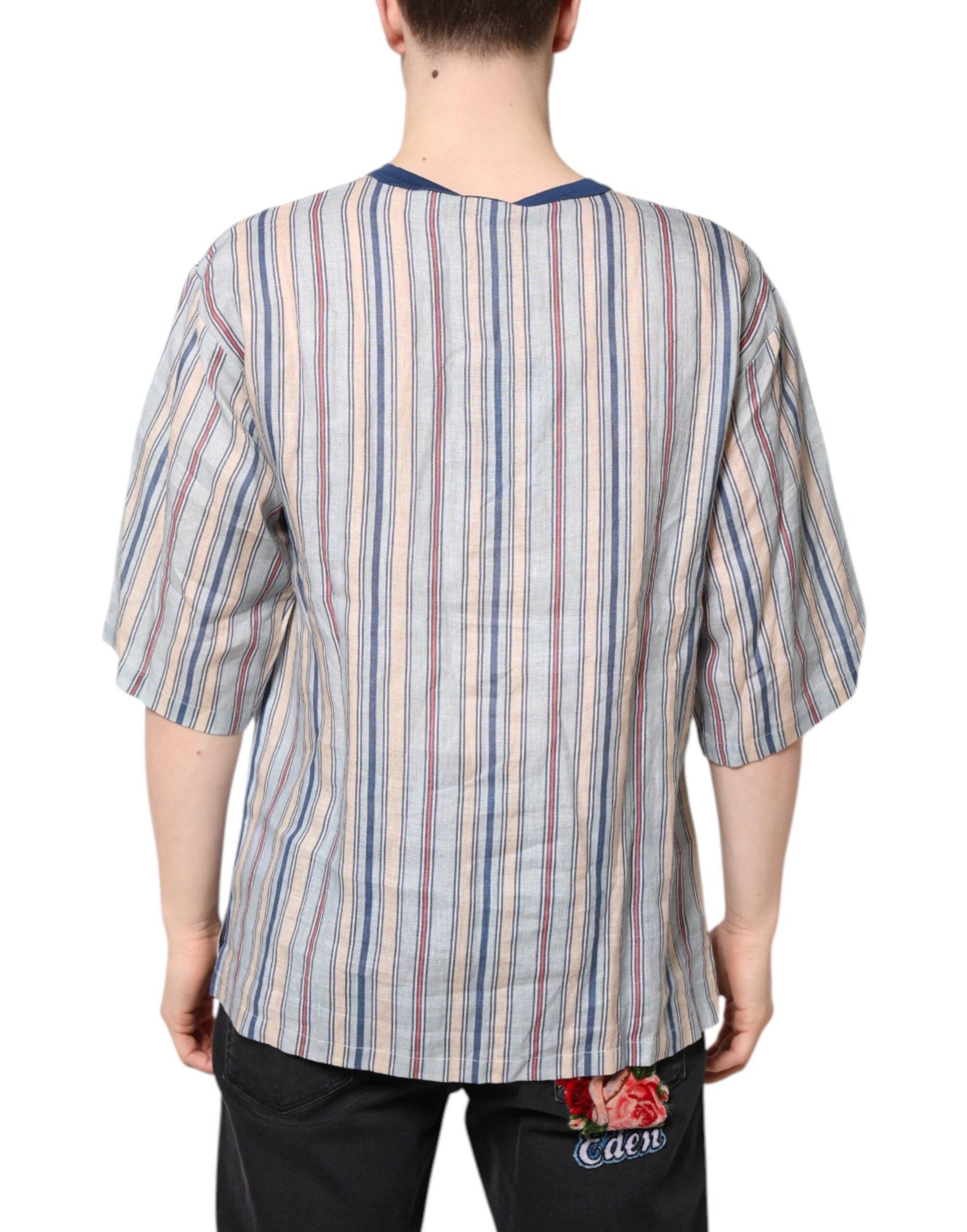 Dolce & Gabbana Multicolor Striped Pin Up Linen Round Neck T-shirt | Regal Royce