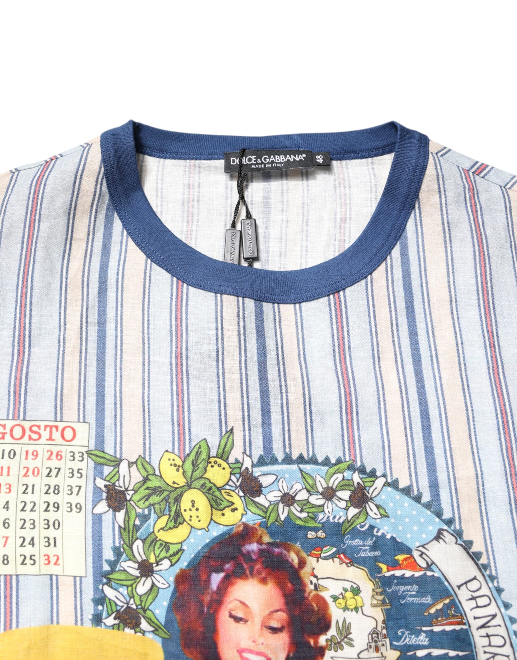 Dolce & Gabbana Multicolor Striped Pin Up Linen Round Neck T-shirt | Regal Royce