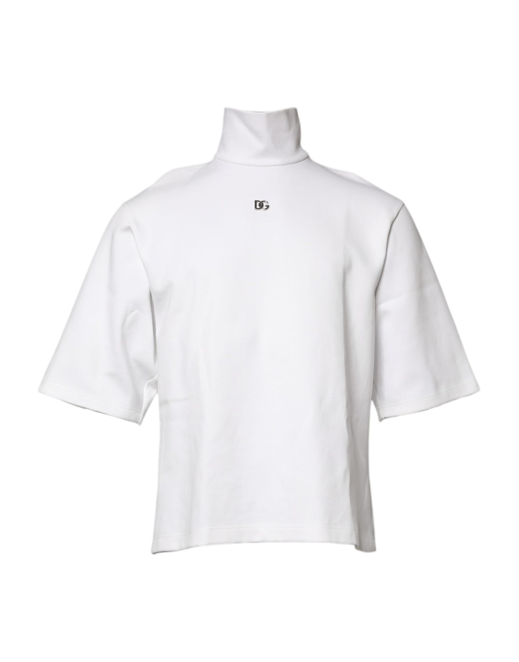 Dolce & Gabbana White Cotton Turtleneck DG Applique T-shirt | Regal Royce