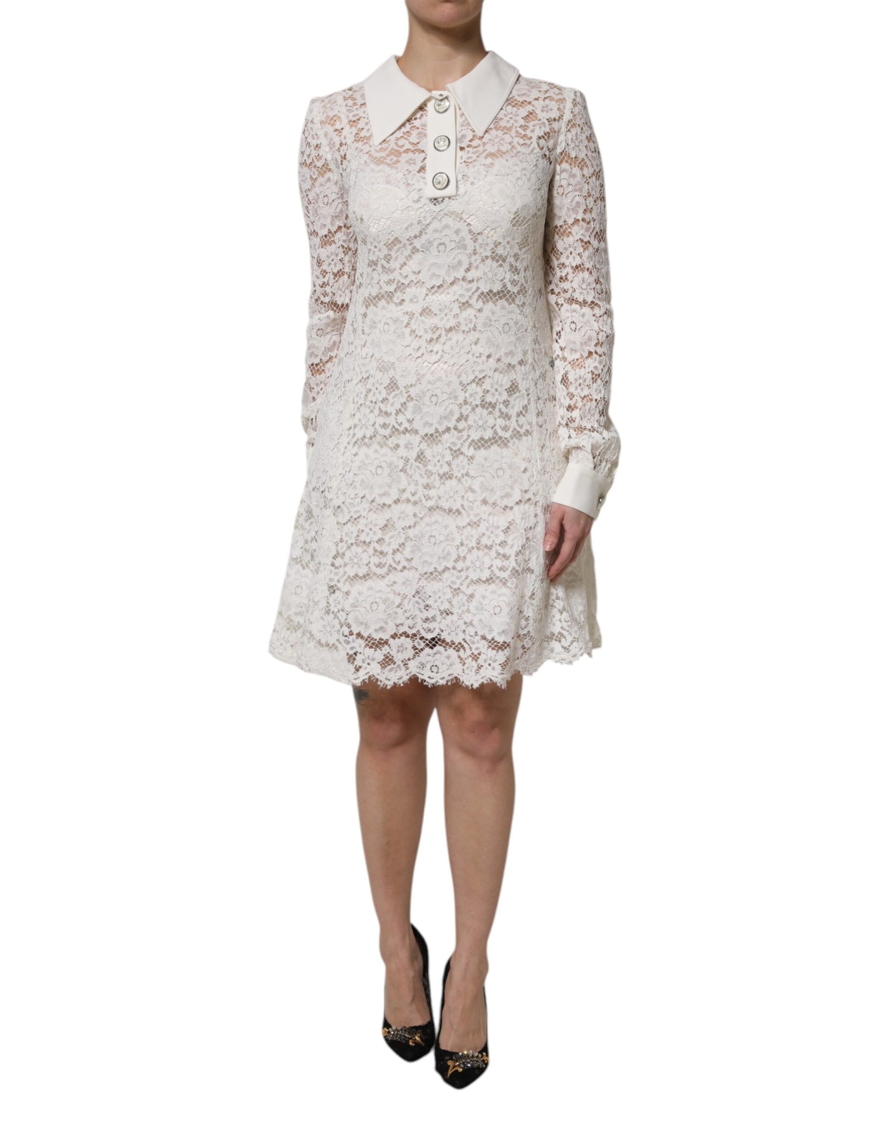 Dolce & Gabbana White Floral Lace Long Sleeves A-line Dress | Regal Royce