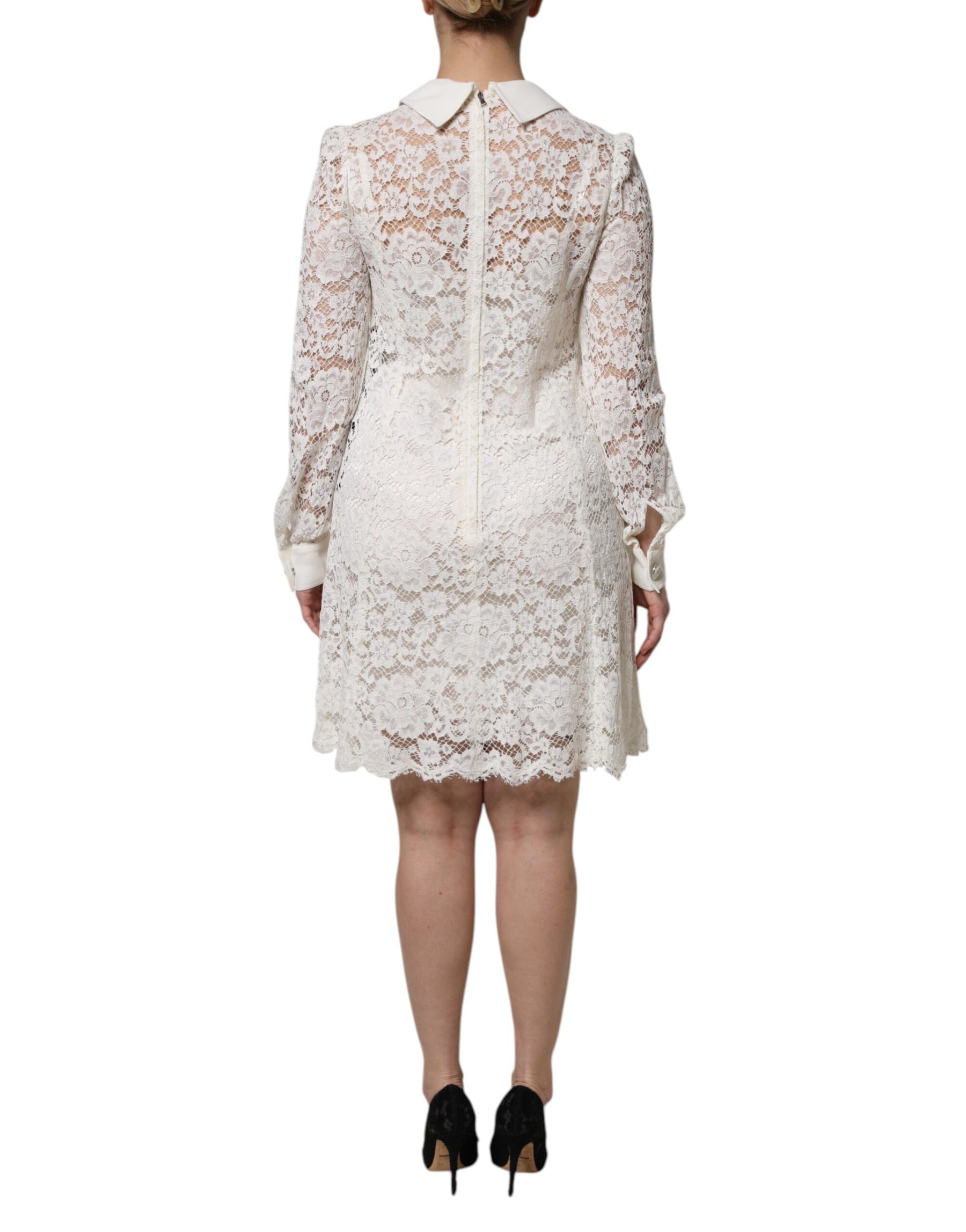 Dolce & Gabbana White Floral Lace Long Sleeves A-line Dress | Regal Royce