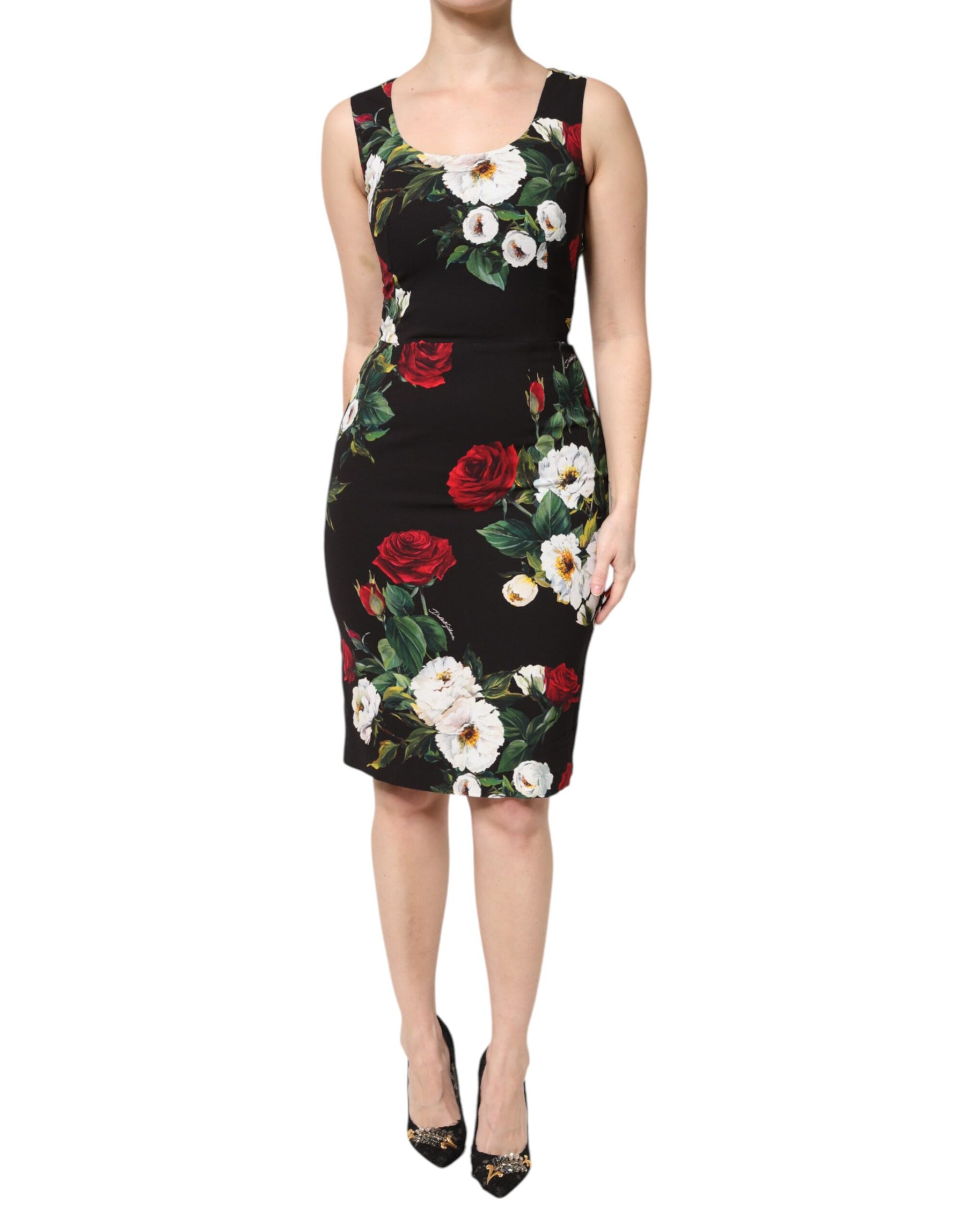 Dolce & Gabbana Black Floral Print Sleeveless Sheath Dress | Regal Royce