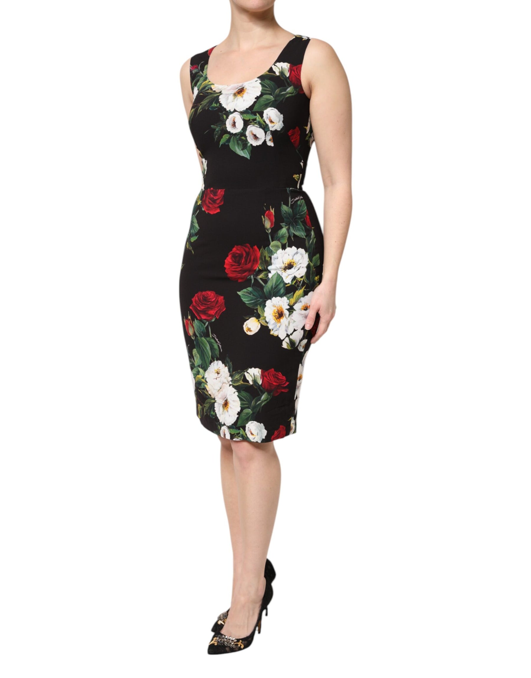 Dolce & Gabbana Black Floral Print Sleeveless Sheath Dress | Regal Royce